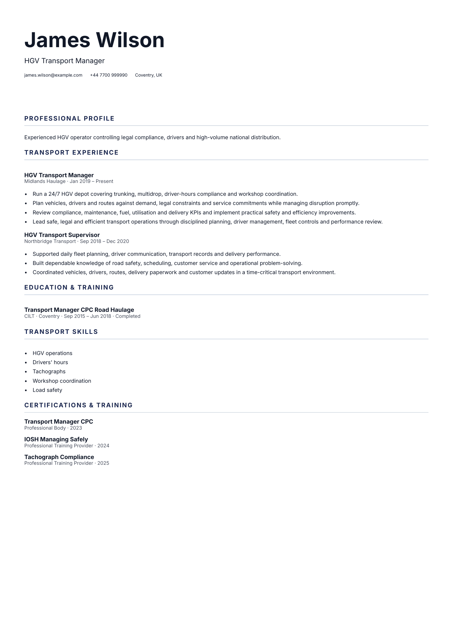 HGV Transport Manager CV template