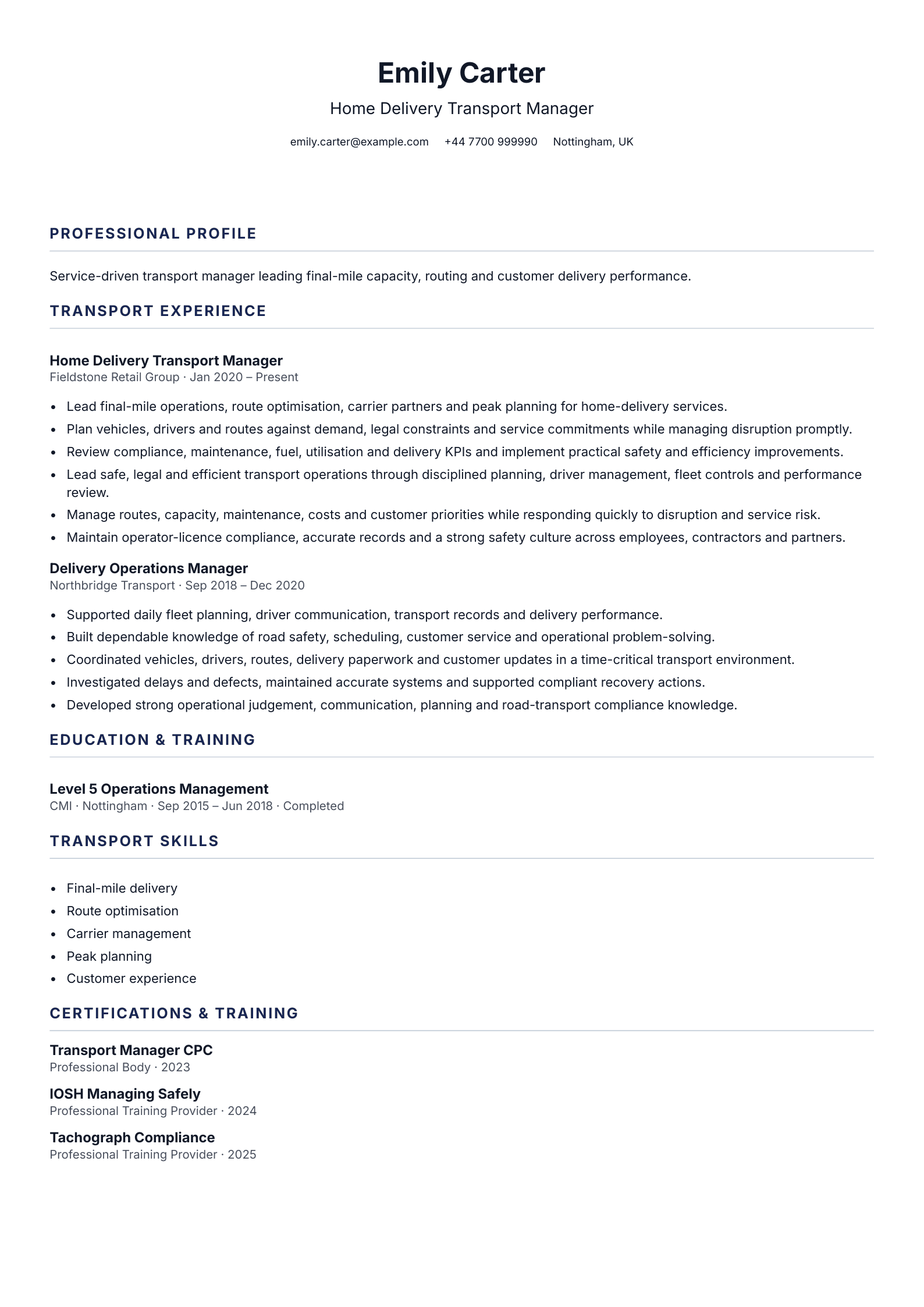 Home Delivery Transport Manager CV template