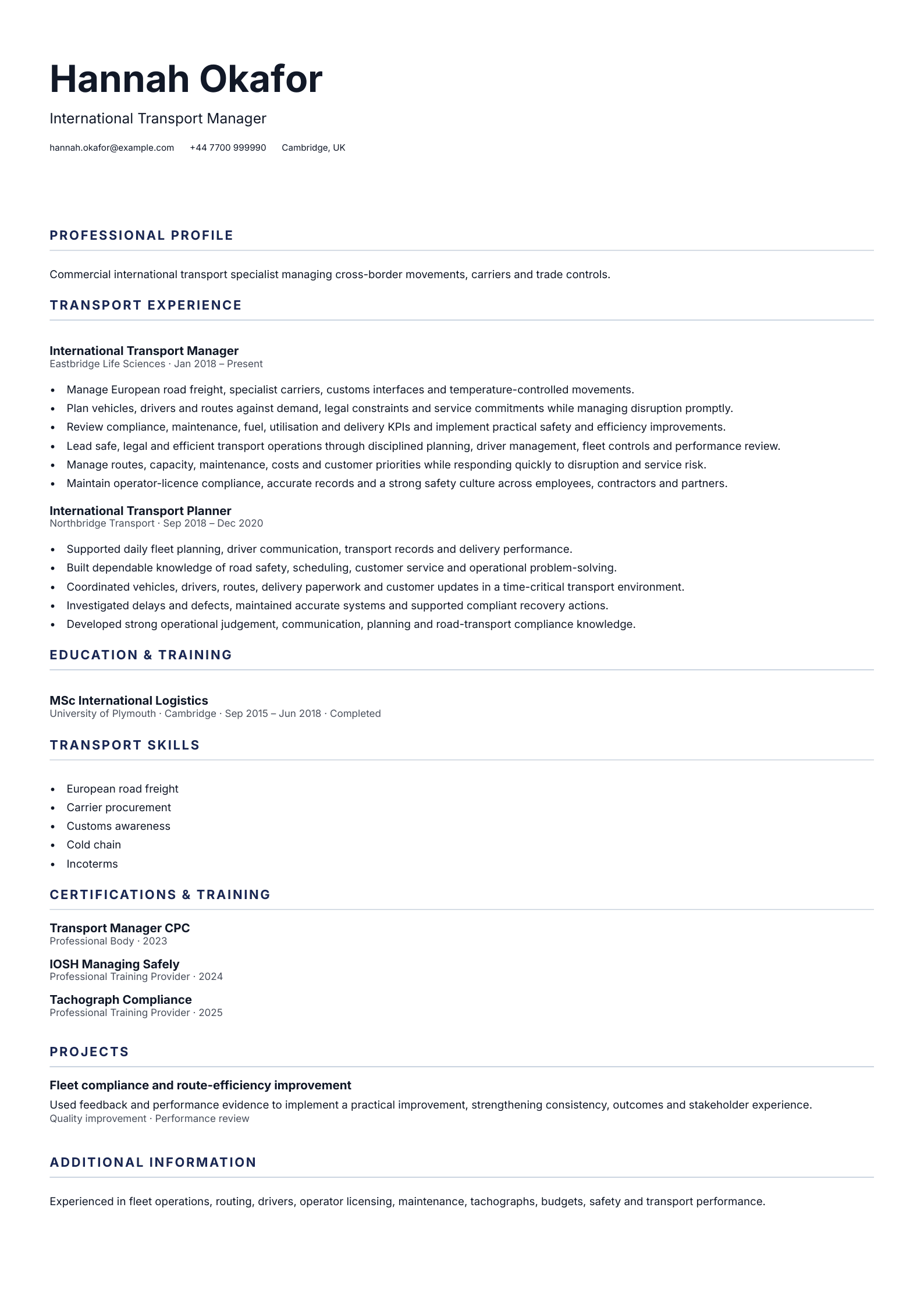 International Transport Manager CV template