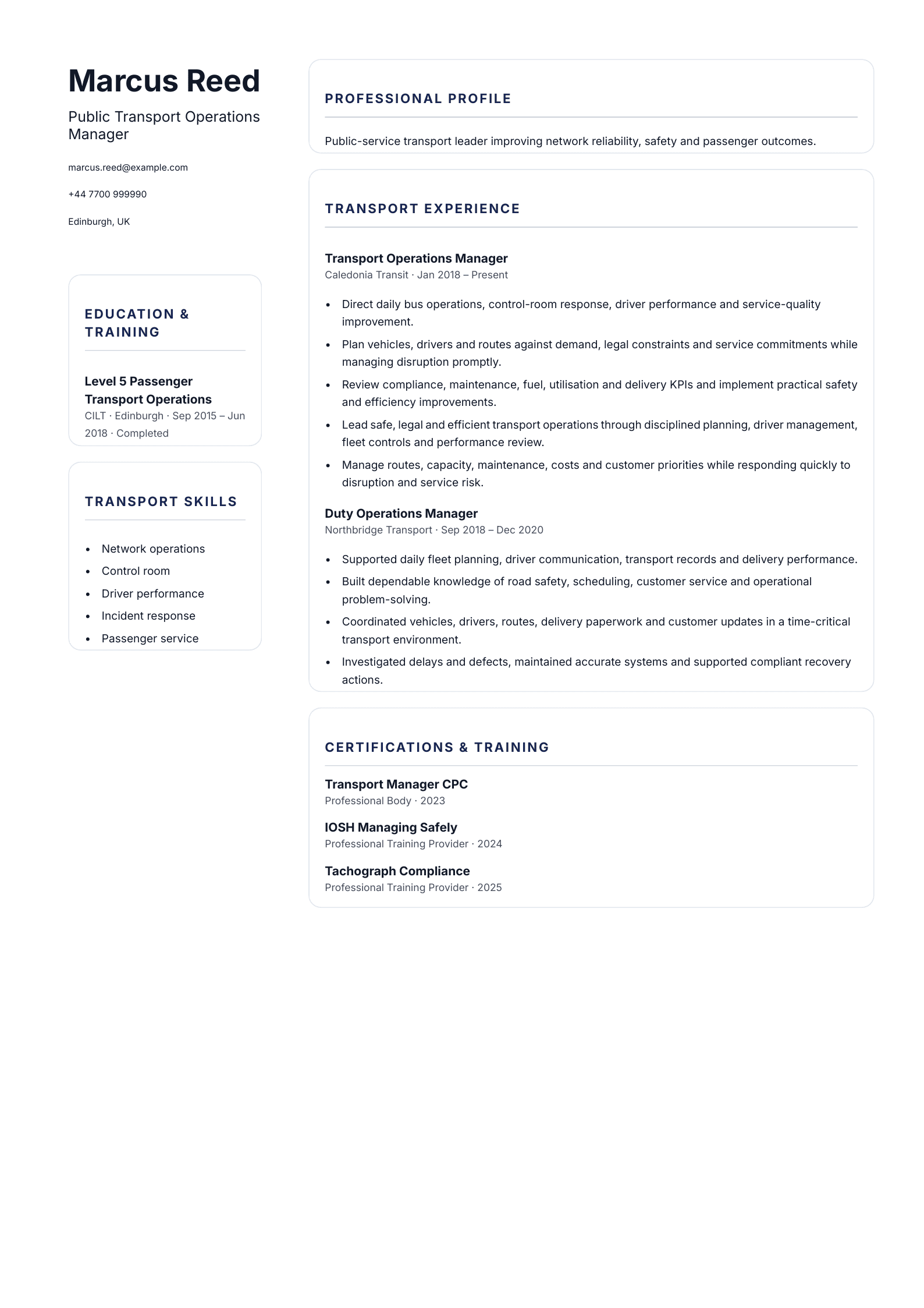 Public Transport Operations Manager CV template