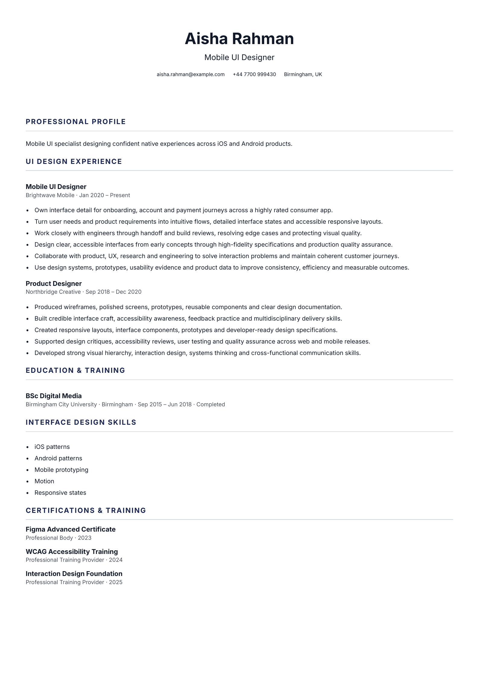 Mobile UI Designer CV template