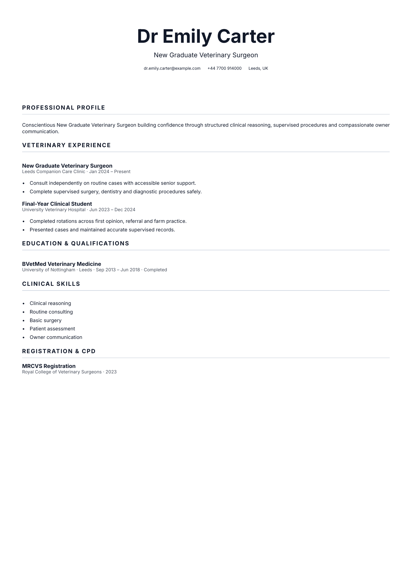 New Graduate Veterinary Surgeon CV template