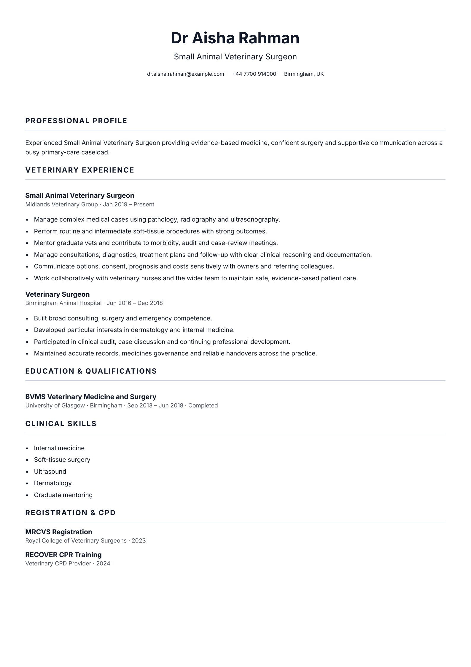 Small Animal Veterinary Surgeon CV template