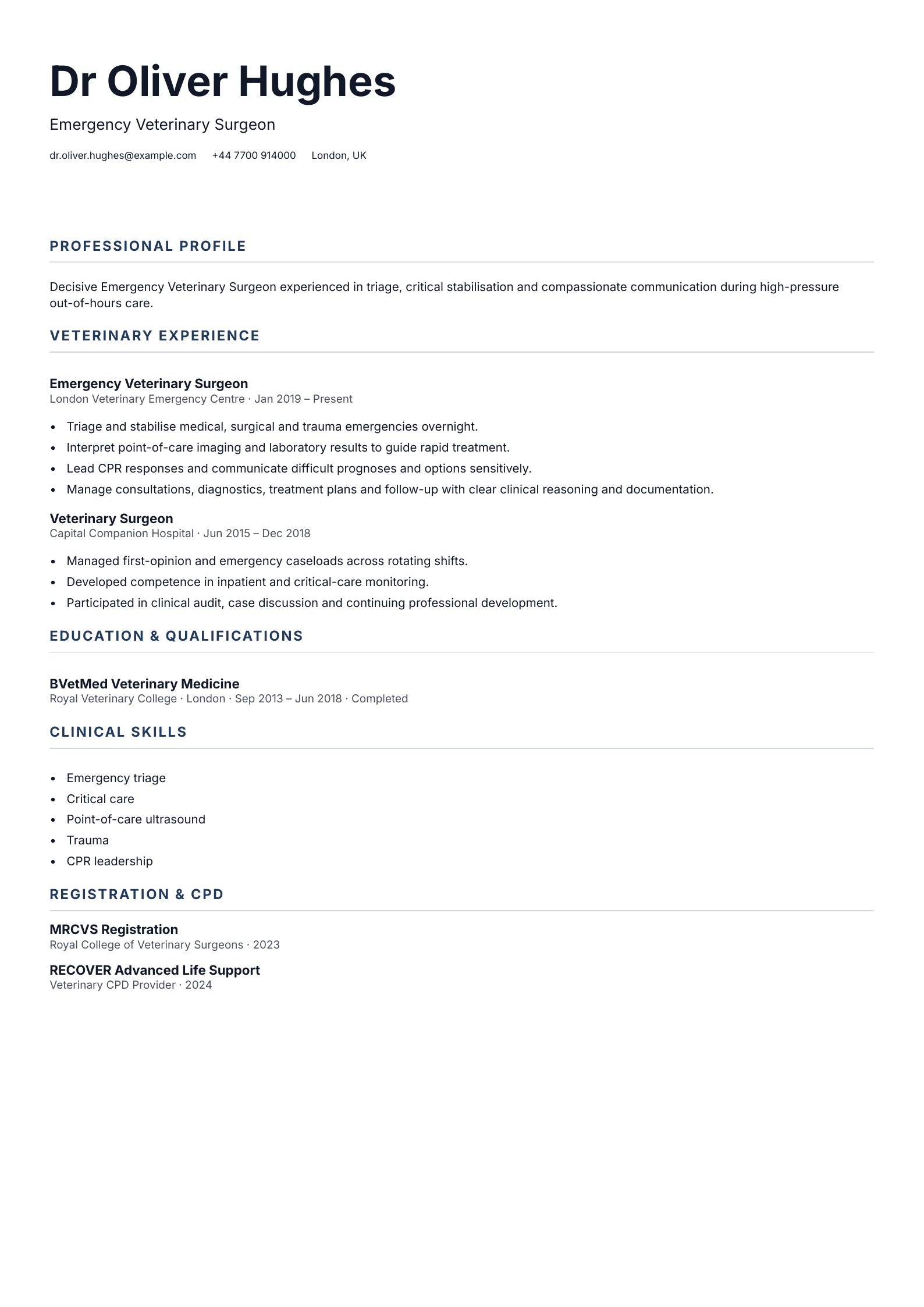 Emergency Veterinary Surgeon CV template