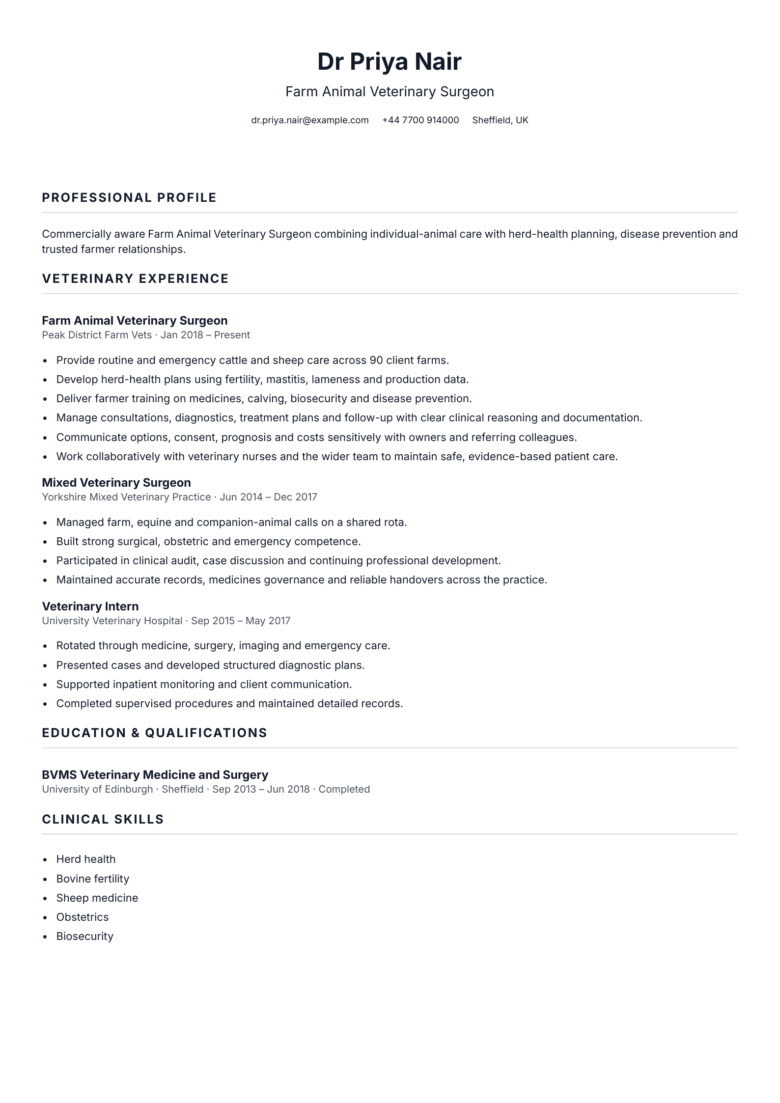 Farm Animal Veterinary Surgeon CV template