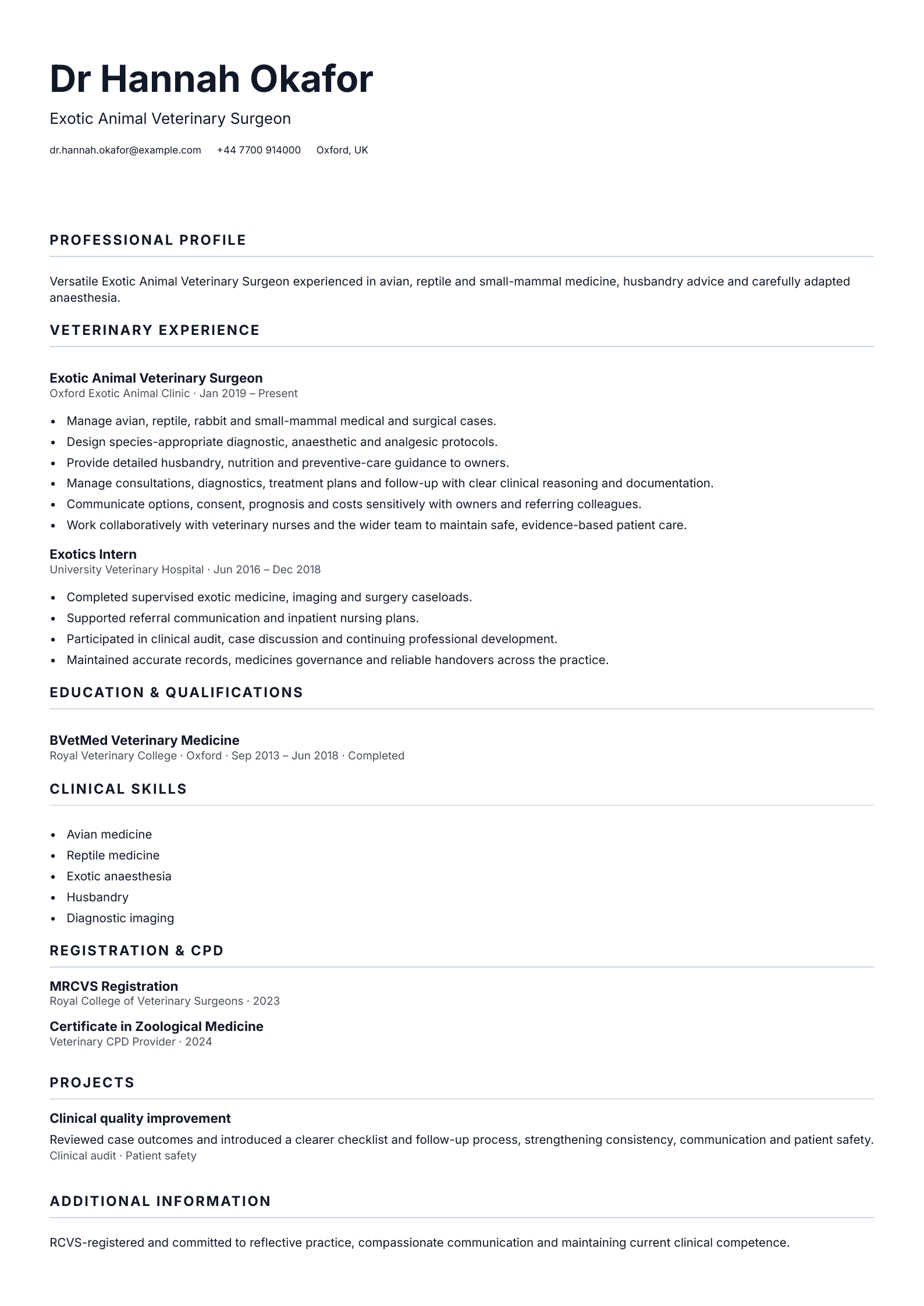 Exotic Animal Veterinary Surgeon CV template