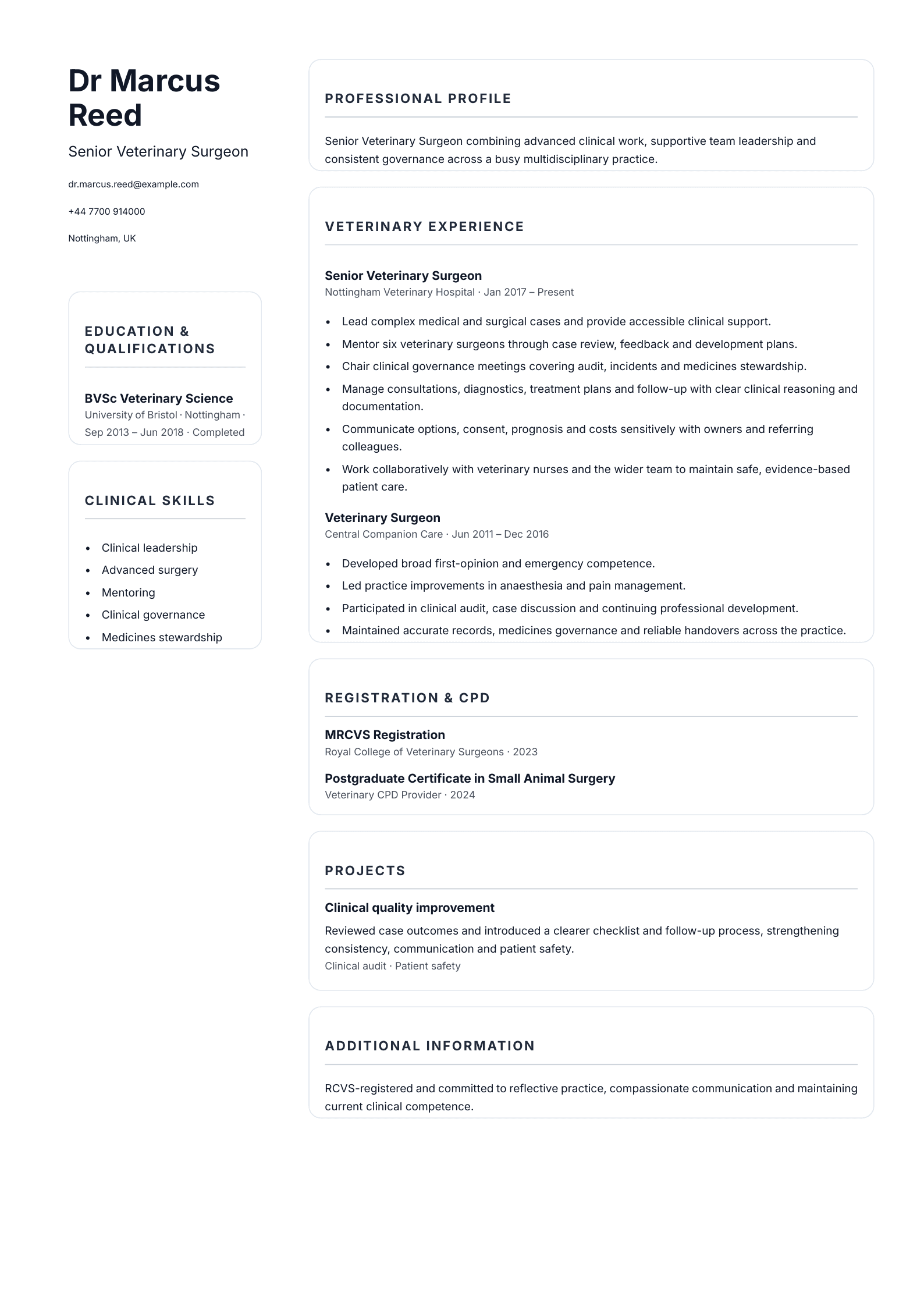 Senior Veterinary Surgeon CV template