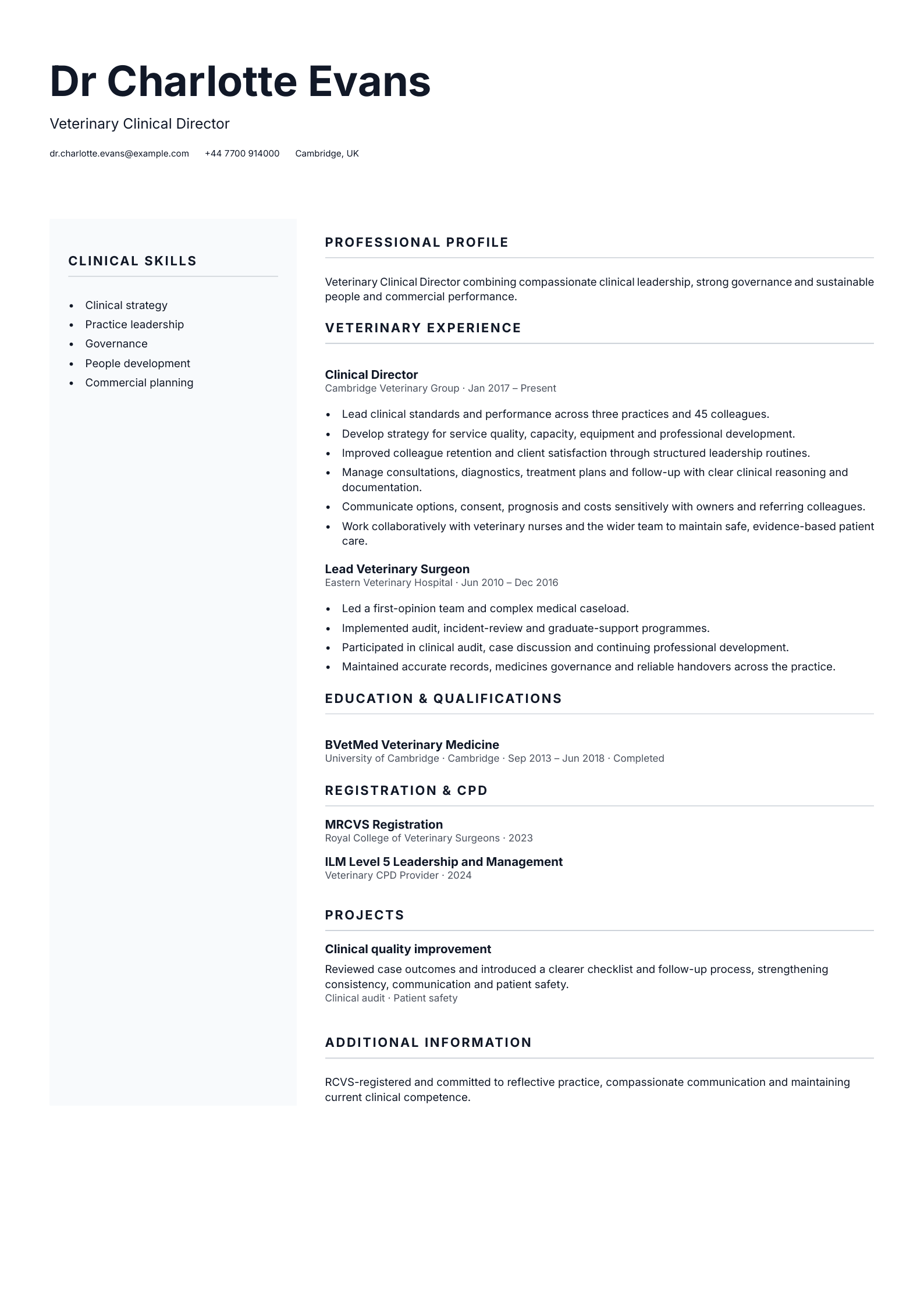 Veterinary Clinical Director CV template