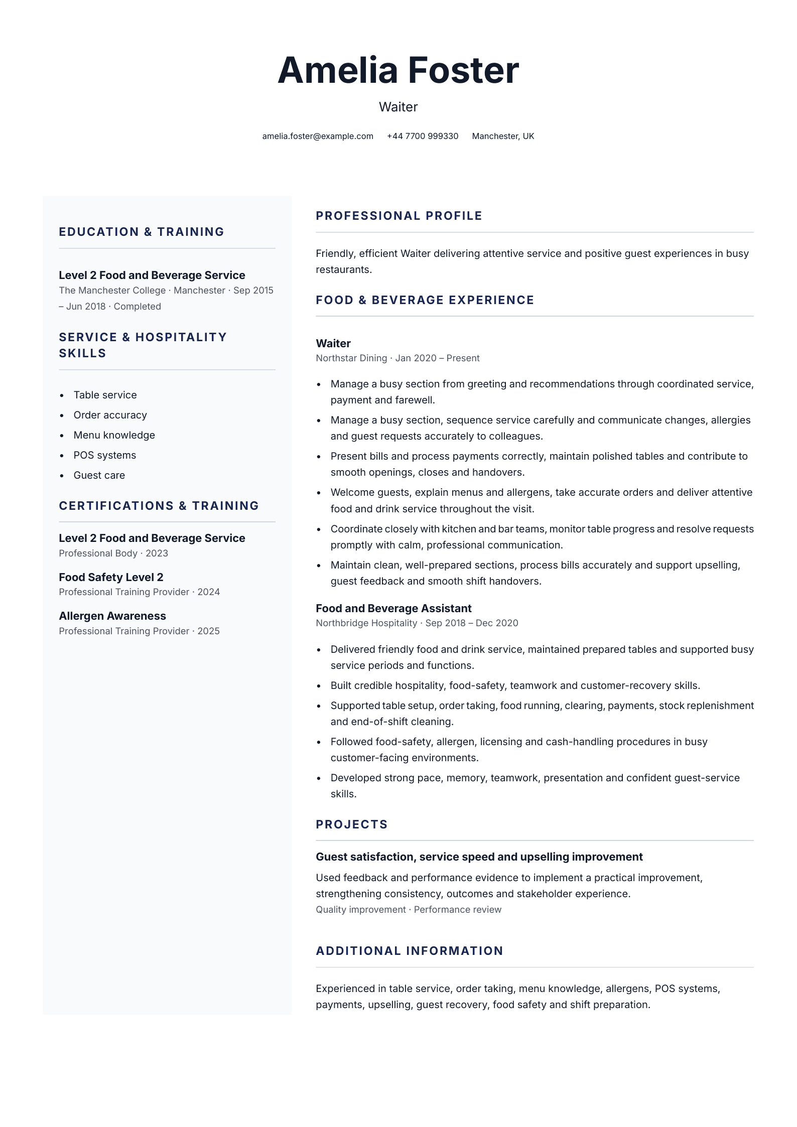 Waiter CV
