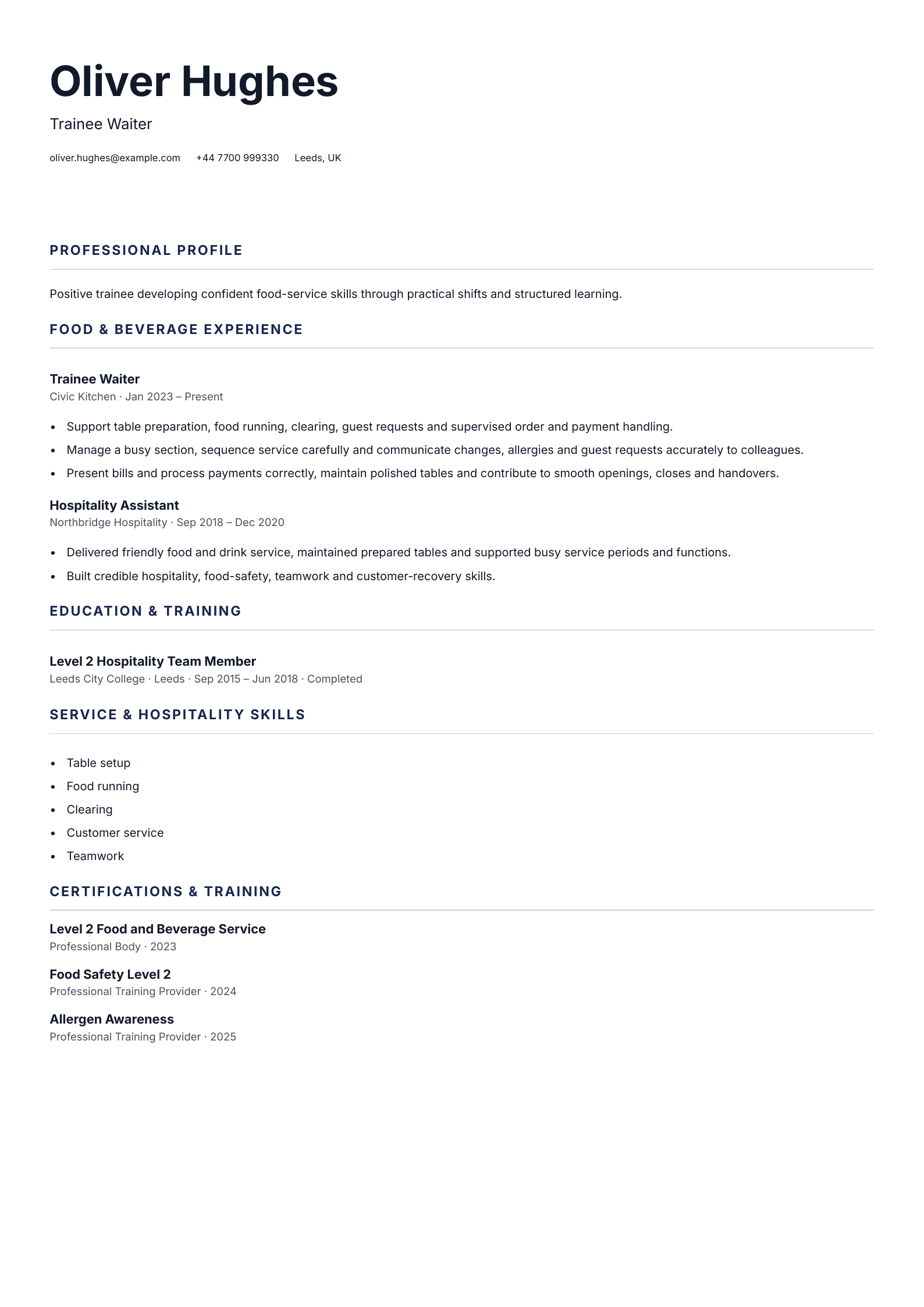Trainee Waiter CV template