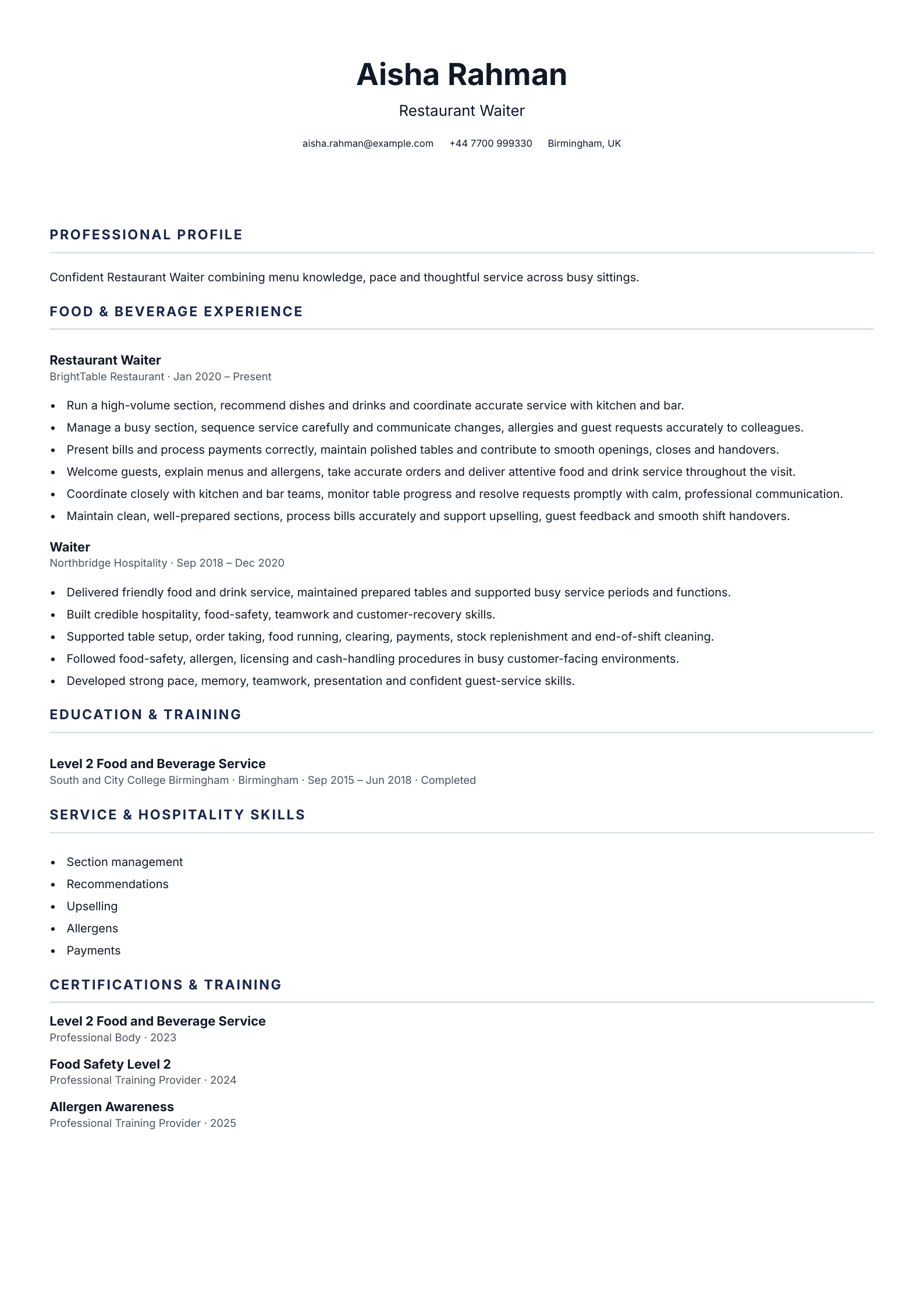 Restaurant Waiter CV template