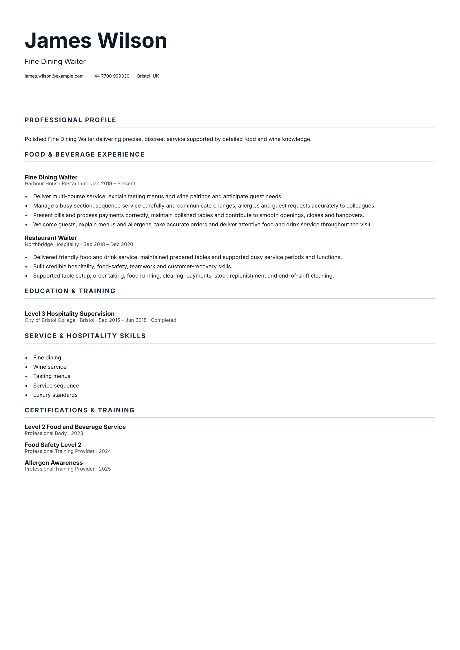 Fine Dining Waiter CV template