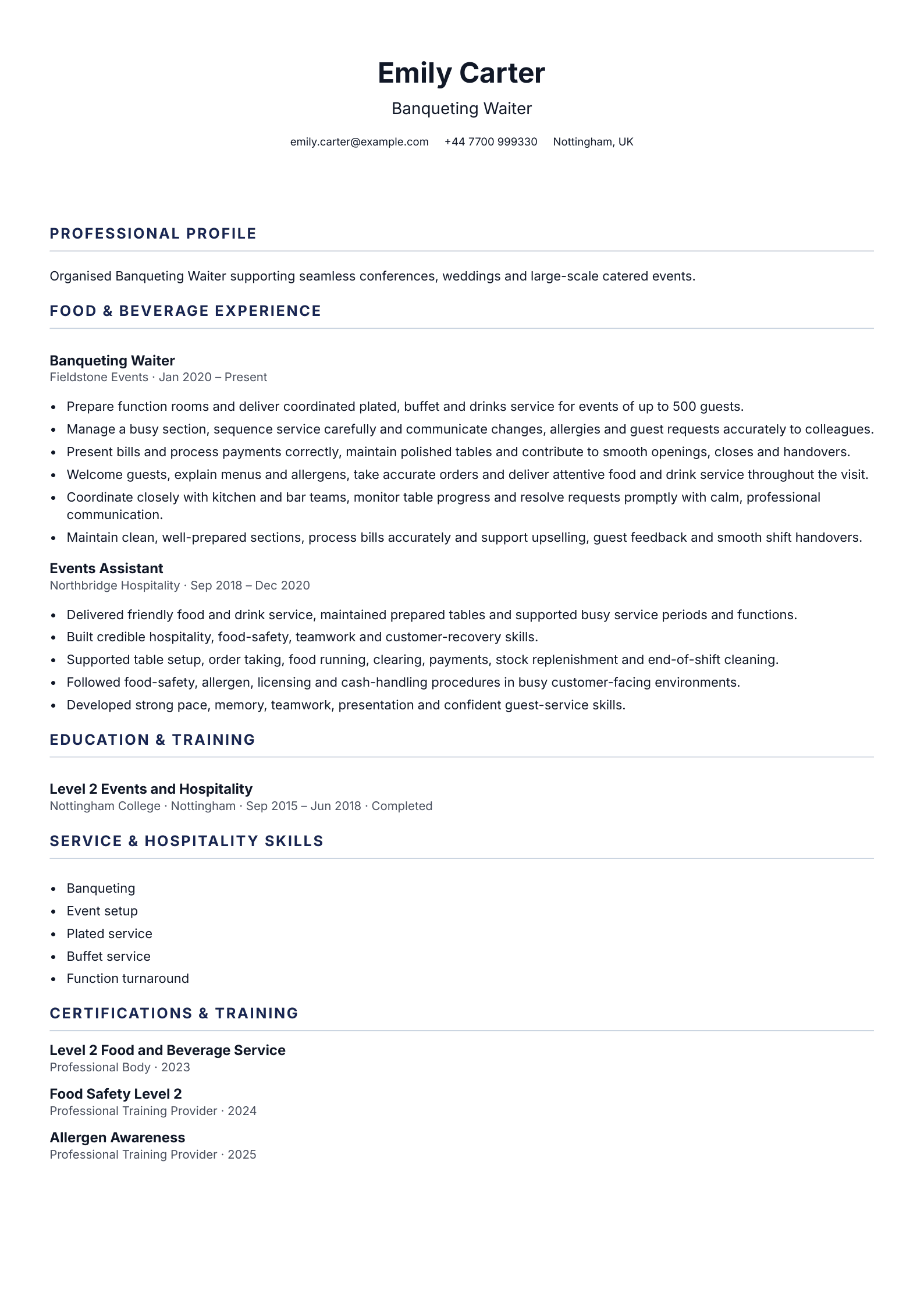 Banqueting Waiter CV template