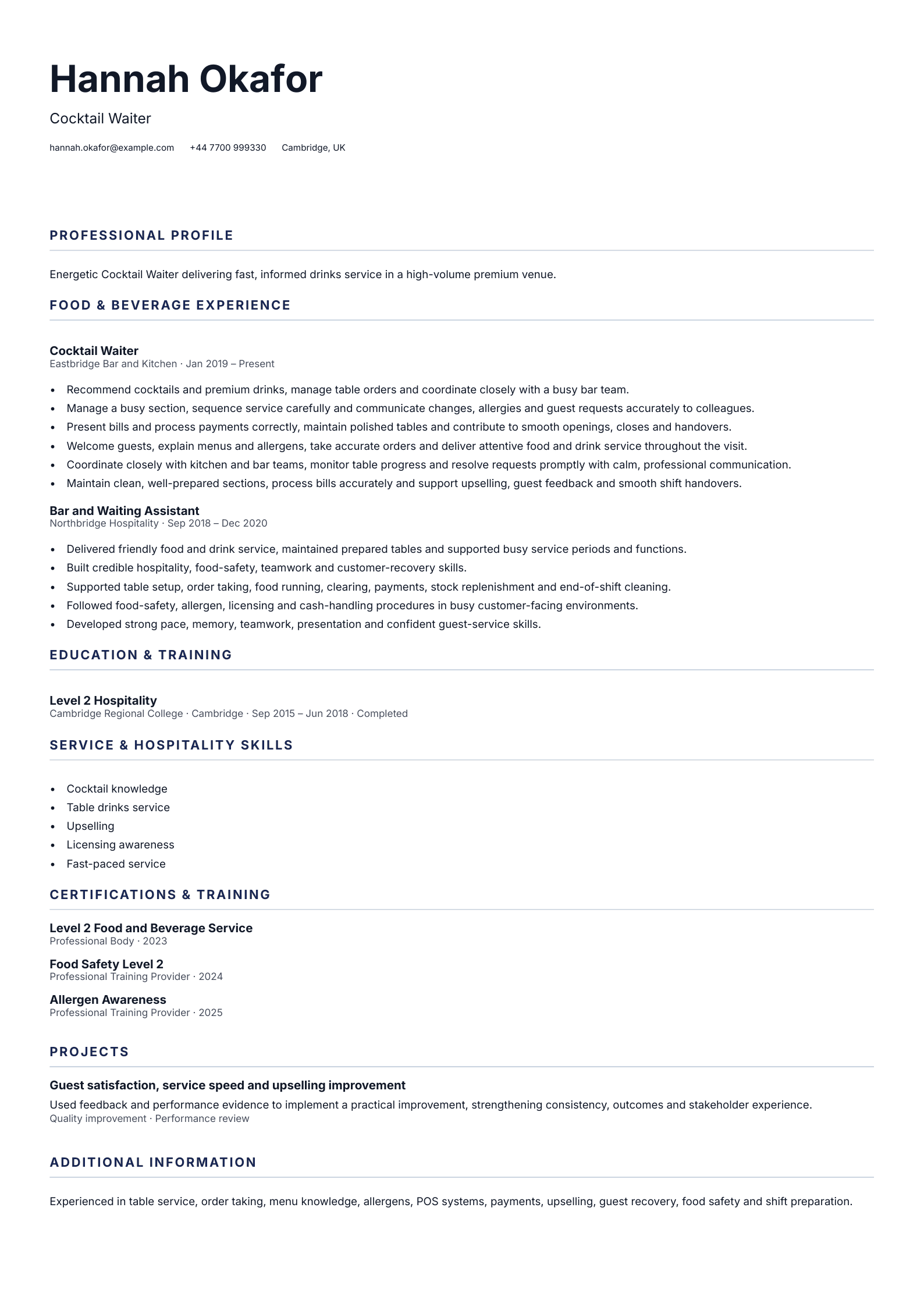 Cocktail Waiter CV template