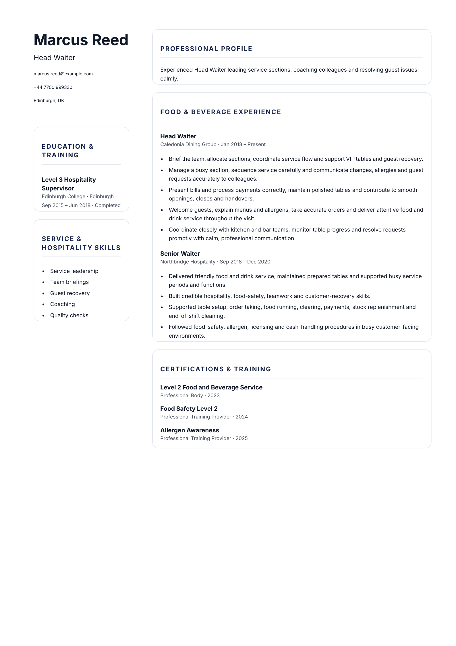 Head Waiter CV template