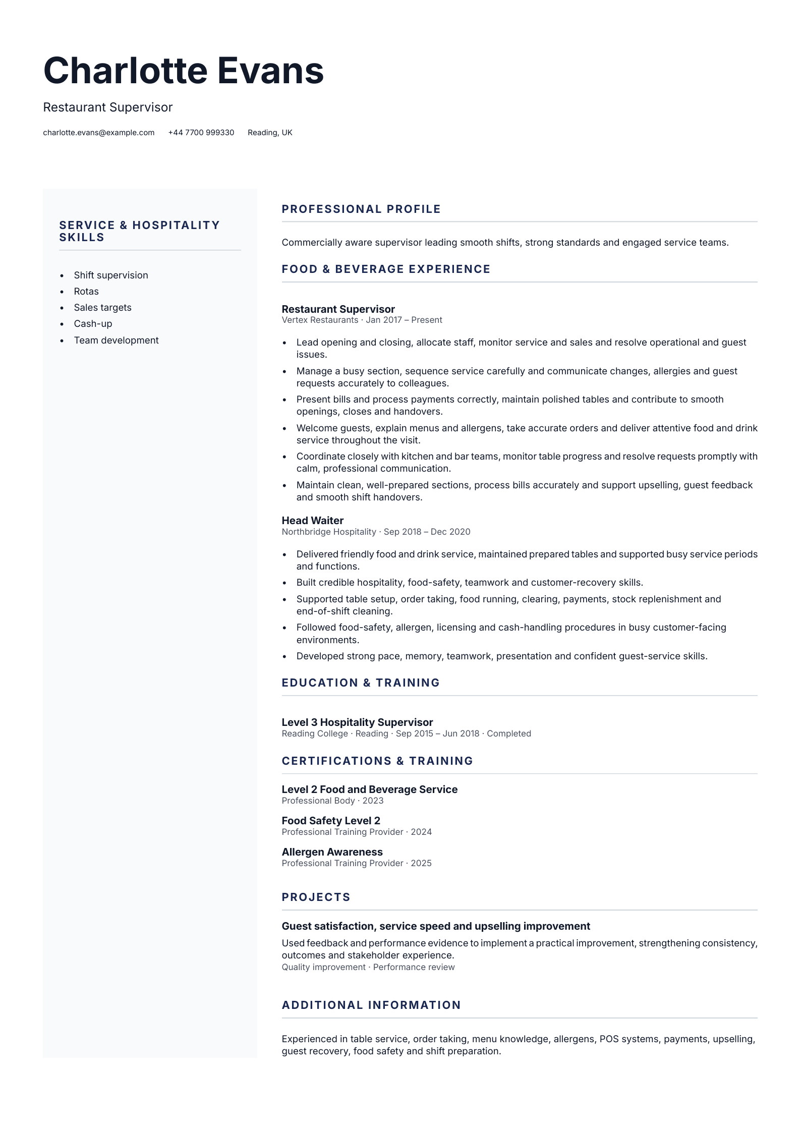 Restaurant Supervisor CV template