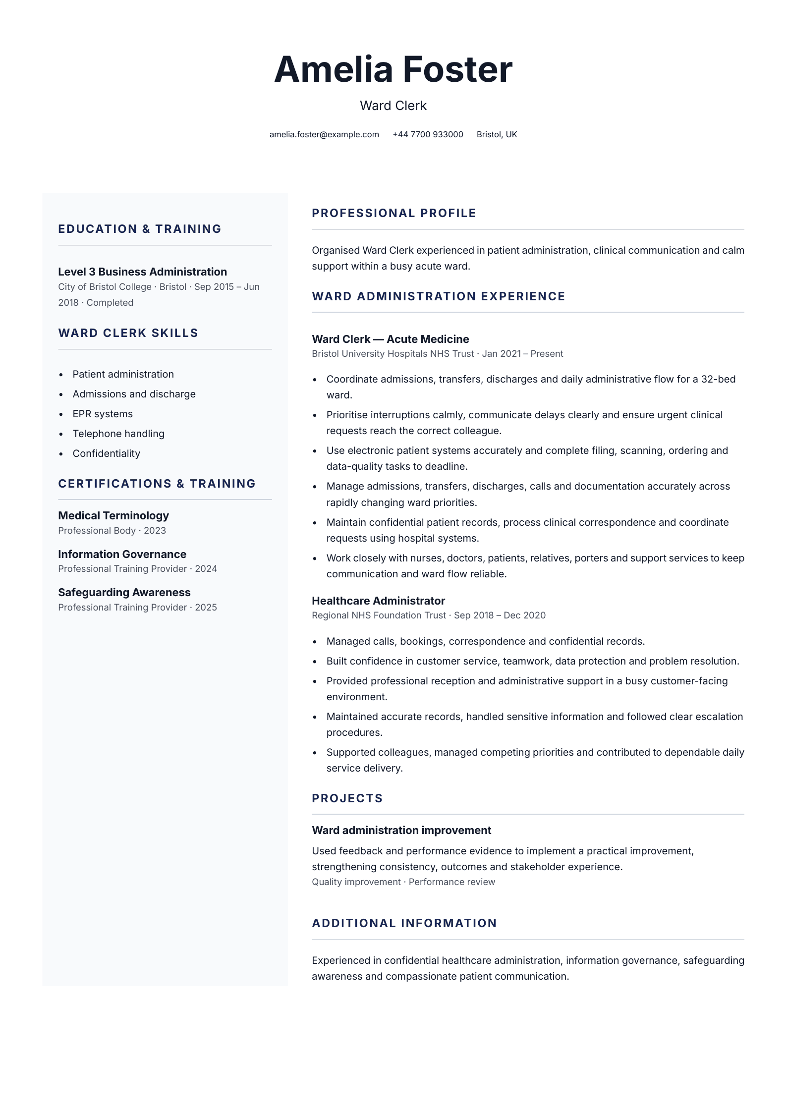 Ward clerk CV