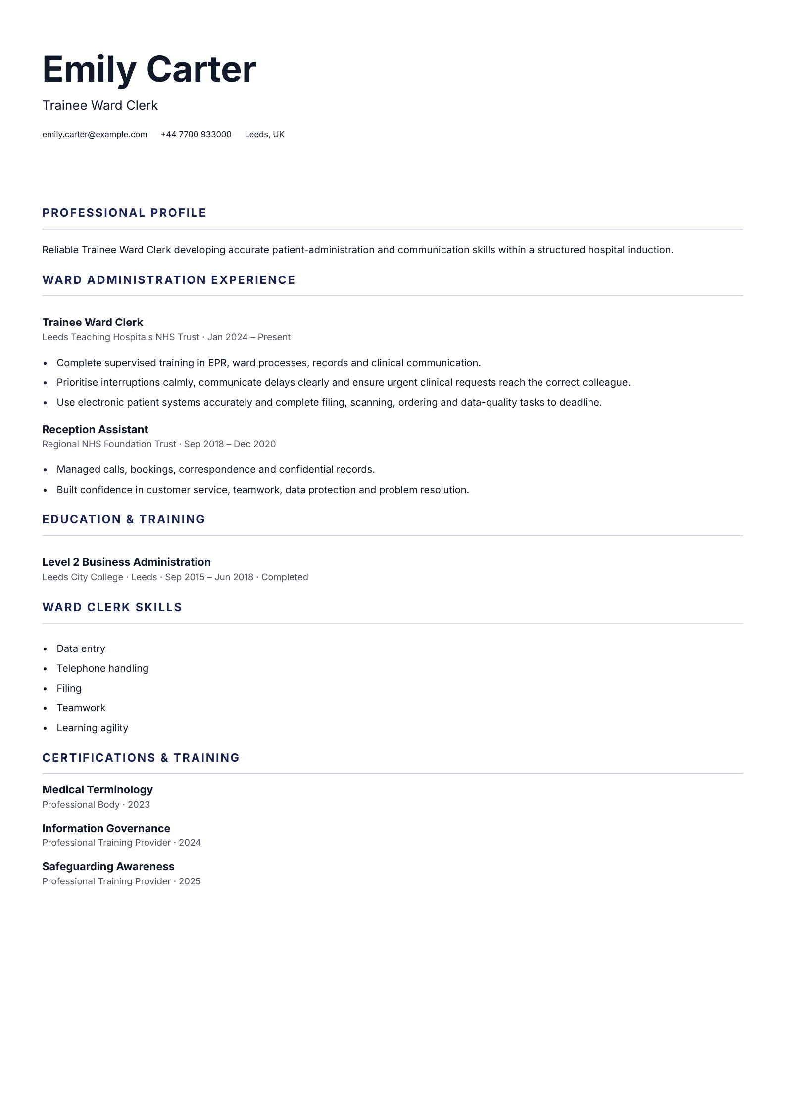 Trainee Ward Clerk CV template