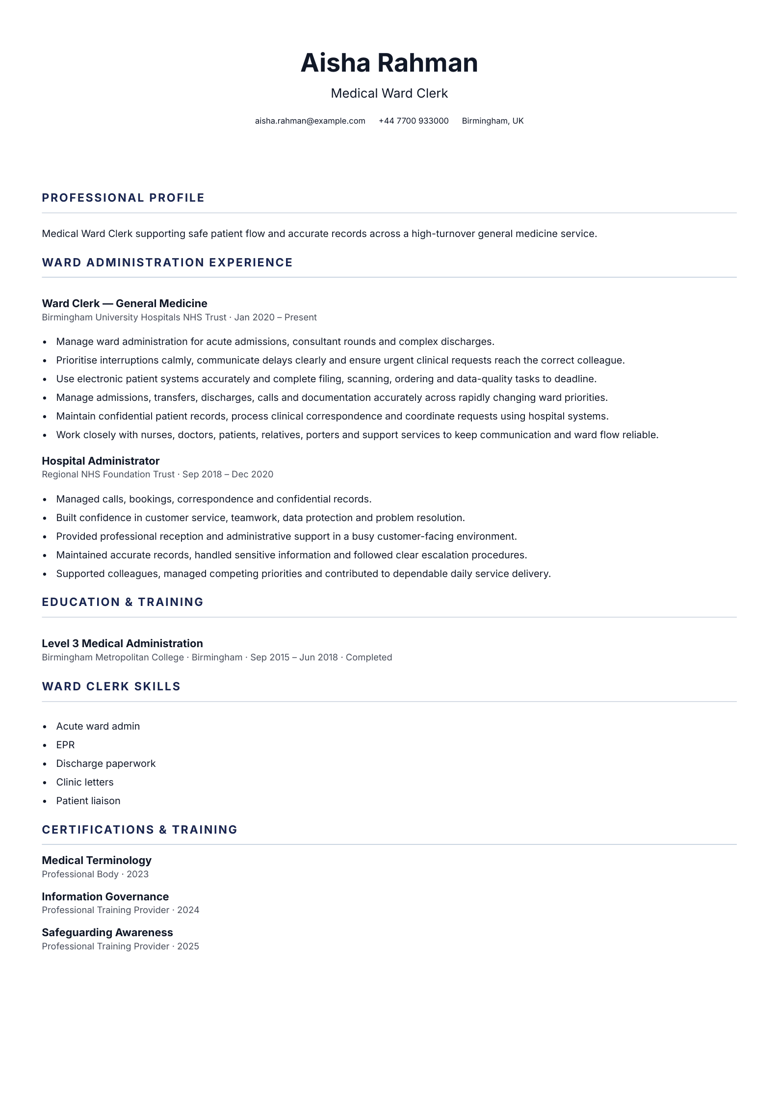 Medical Ward Clerk CV template
