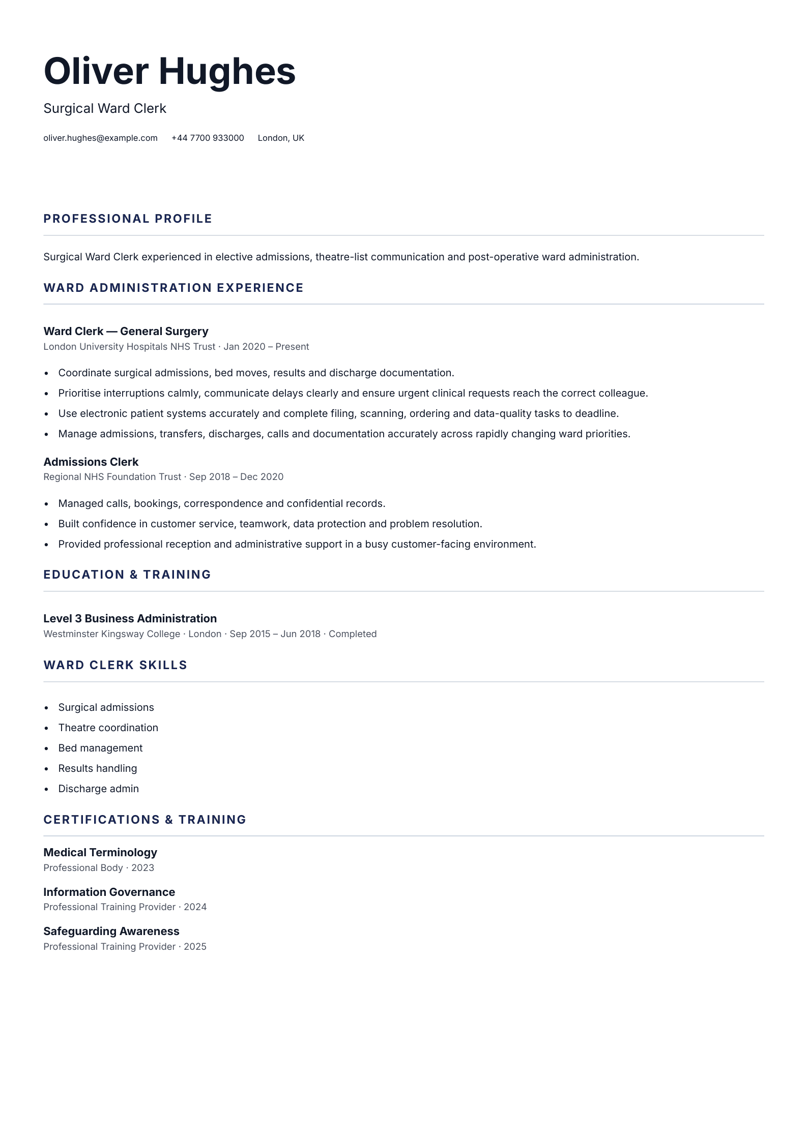 Surgical Ward Clerk CV template