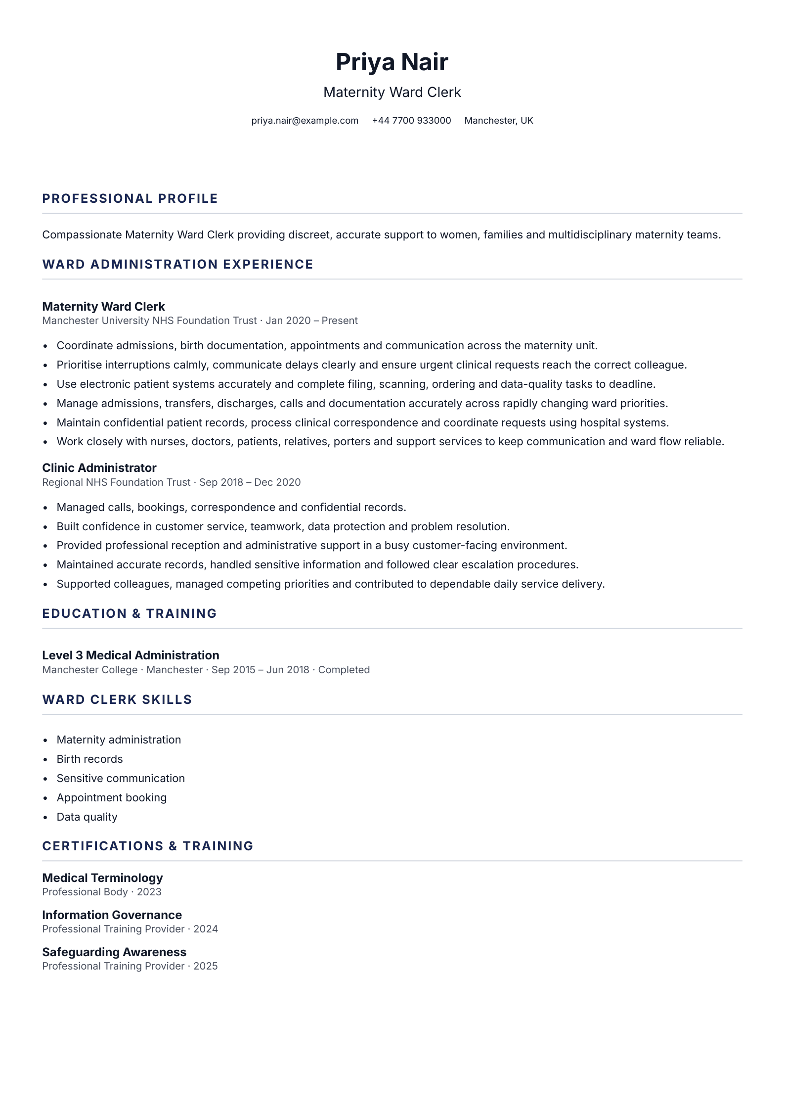 Maternity Ward Clerk CV template