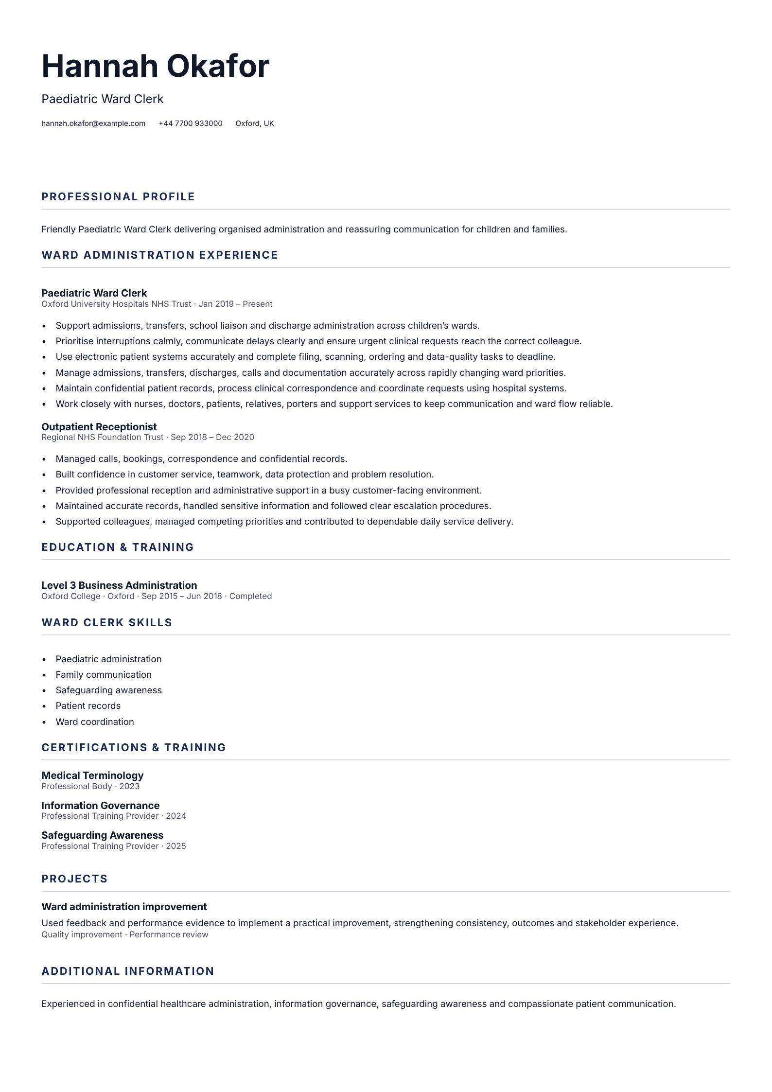 Paediatric Ward Clerk CV template