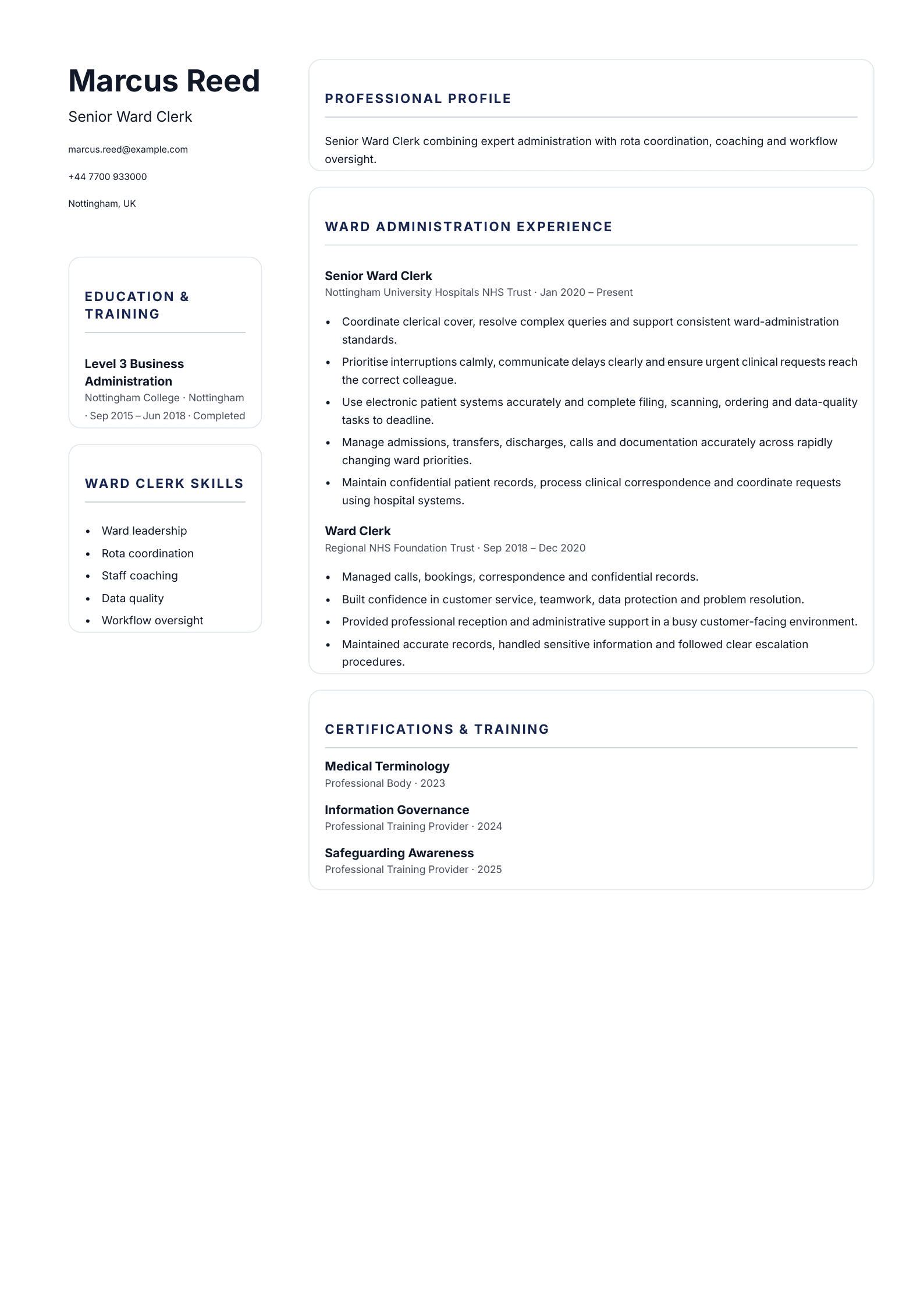 Senior Ward Clerk CV template