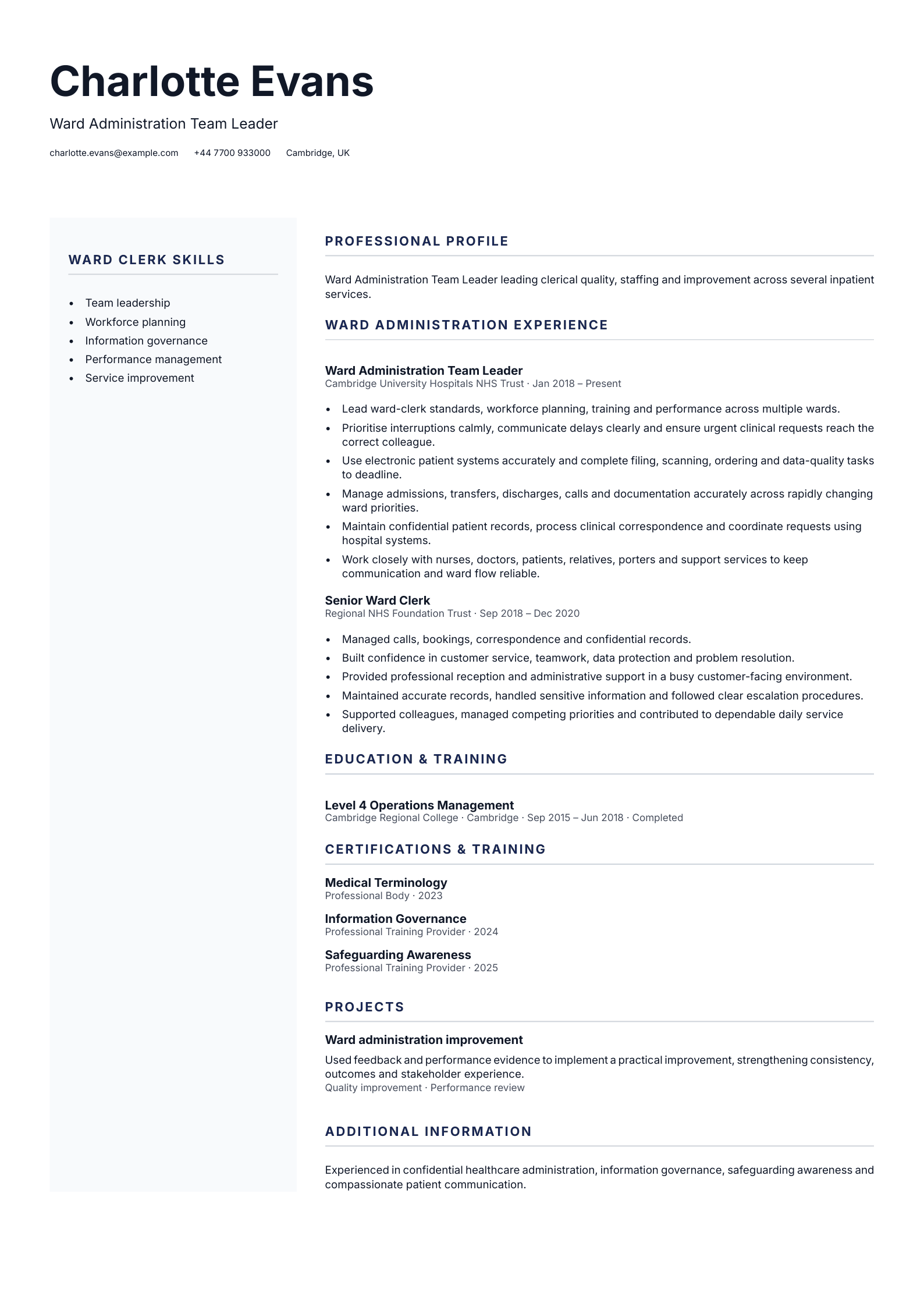 Ward Administration Team Leader CV template