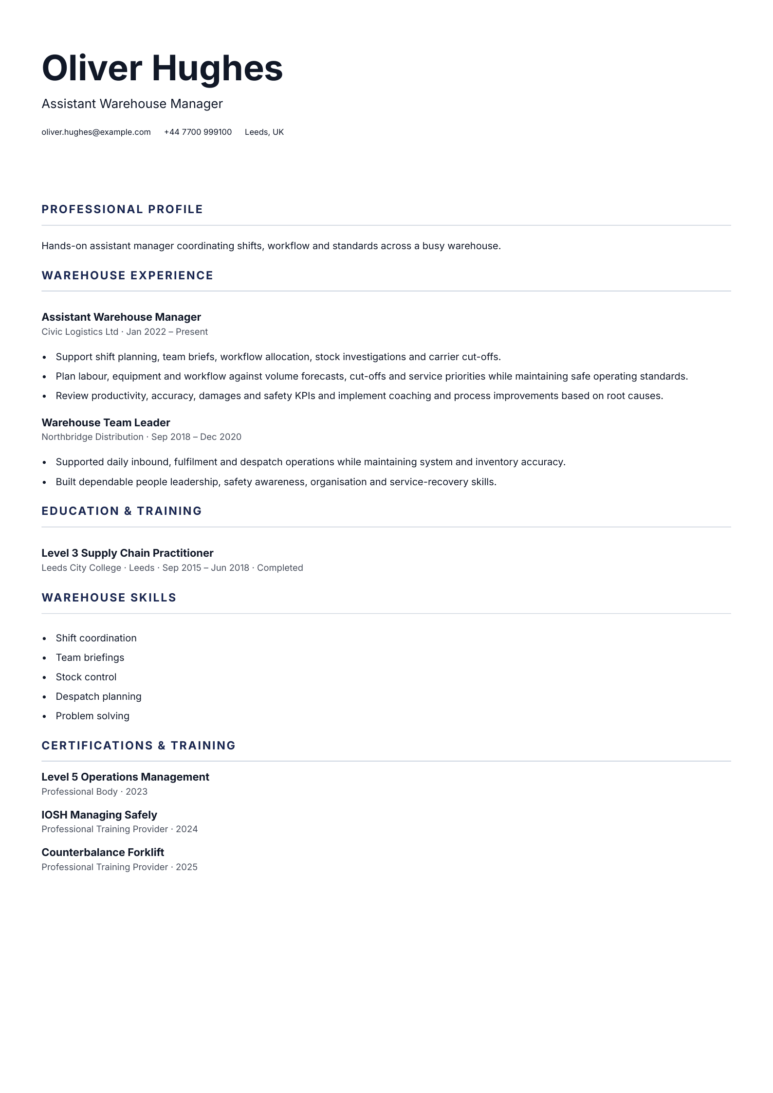 Assistant Warehouse Manager CV template