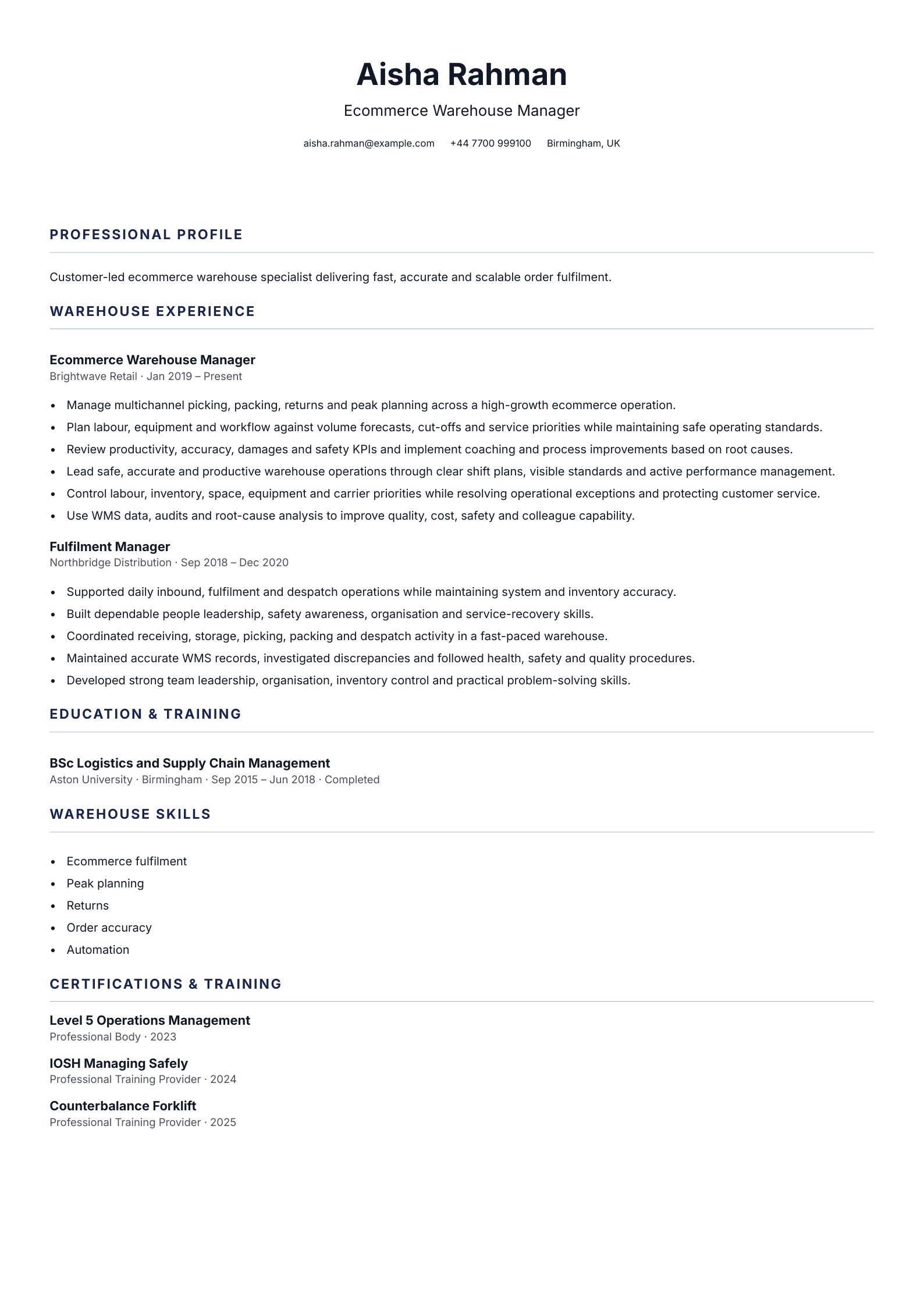 Ecommerce Warehouse Manager CV template