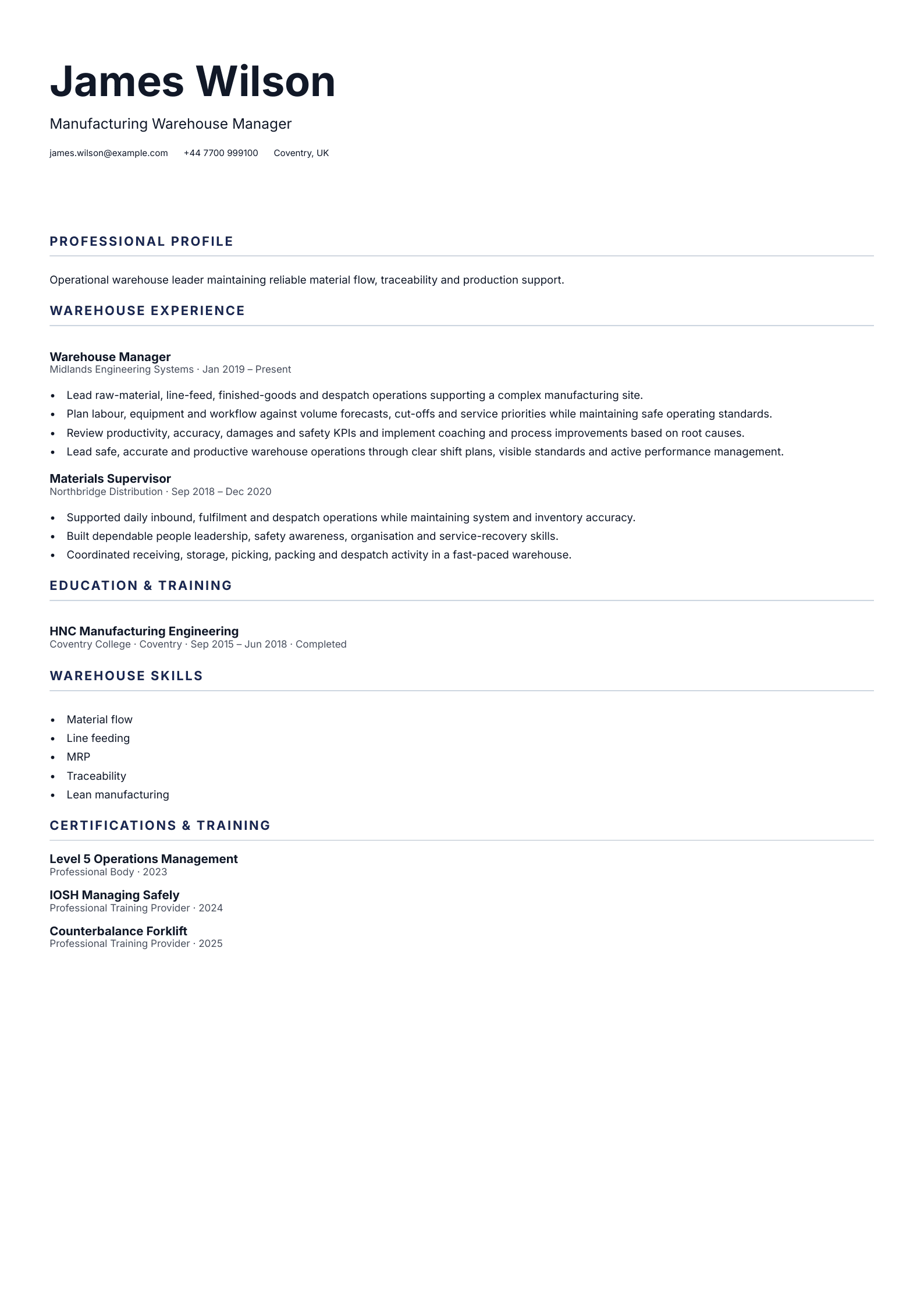 Manufacturing Warehouse Manager CV template