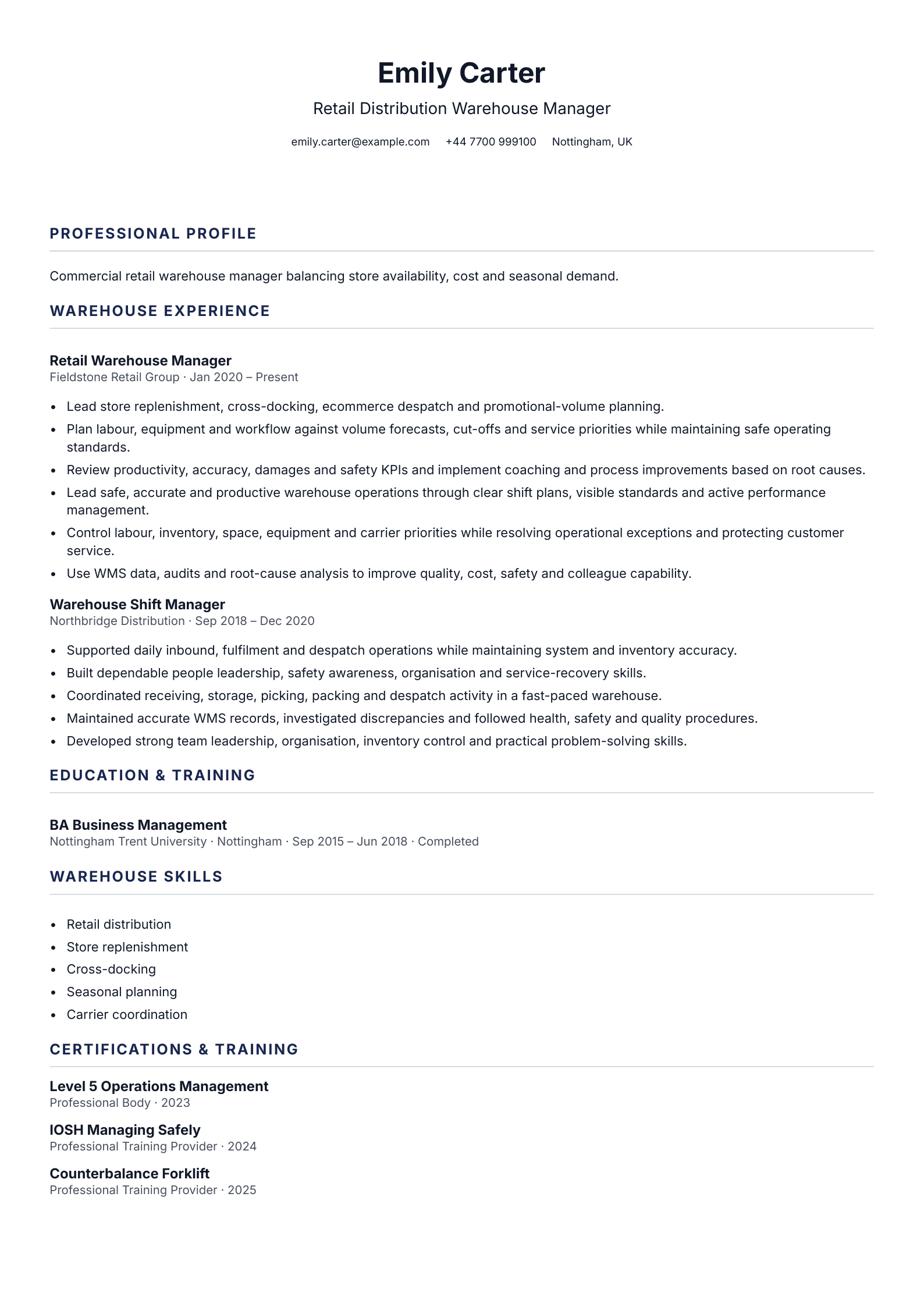 Retail Warehouse Manager CV template