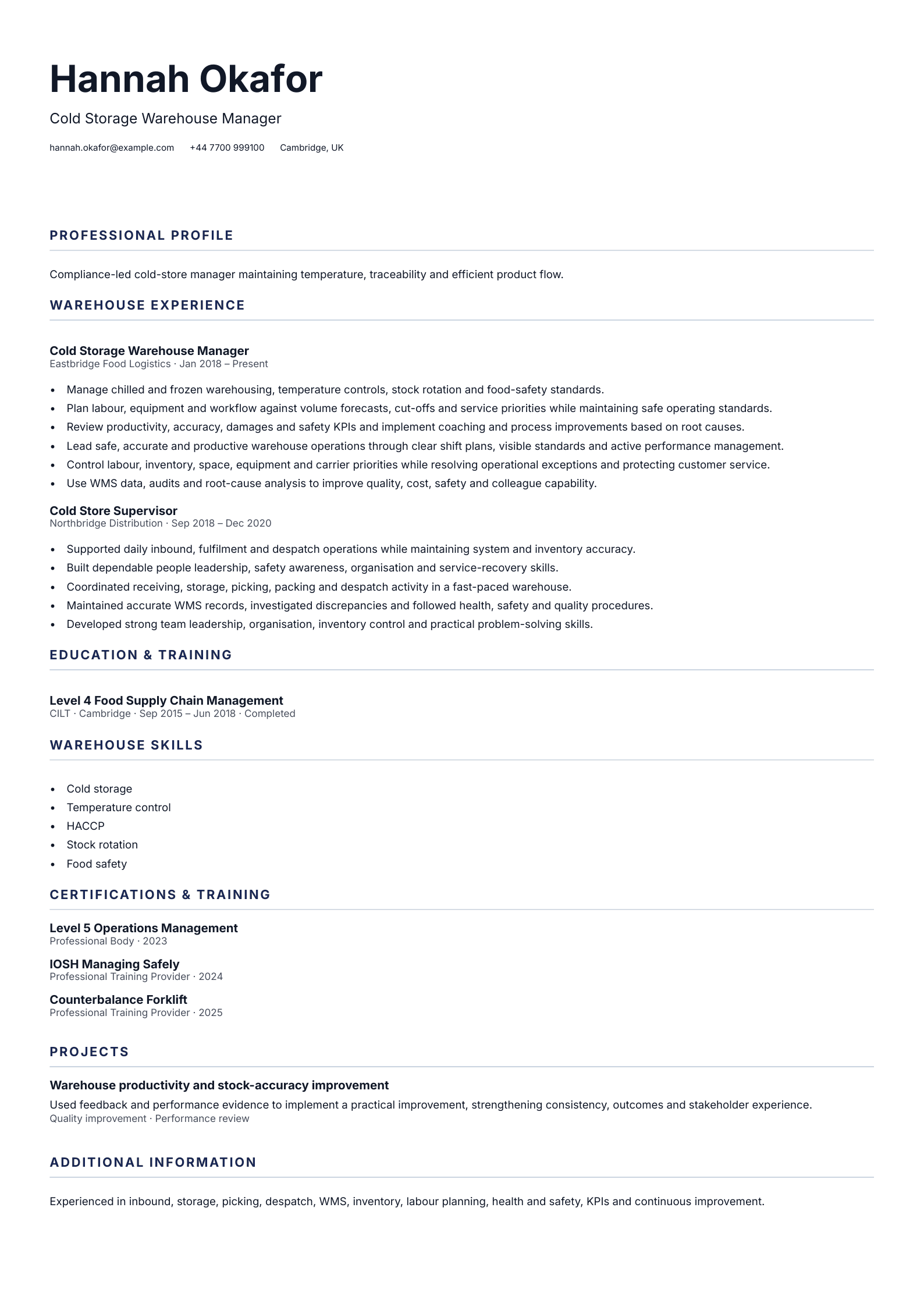 Cold Storage Warehouse Manager CV template