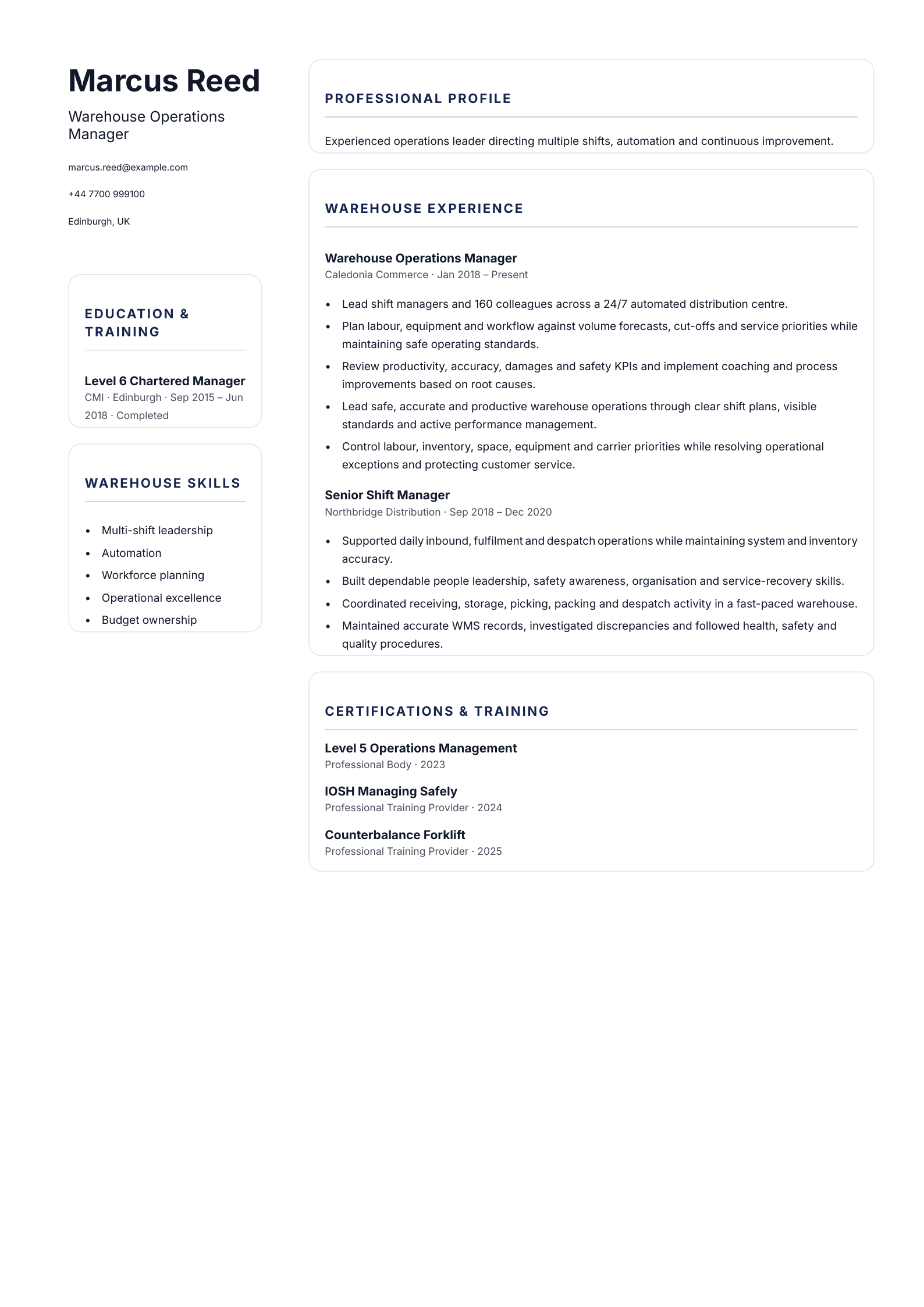 Warehouse Operations Manager CV template
