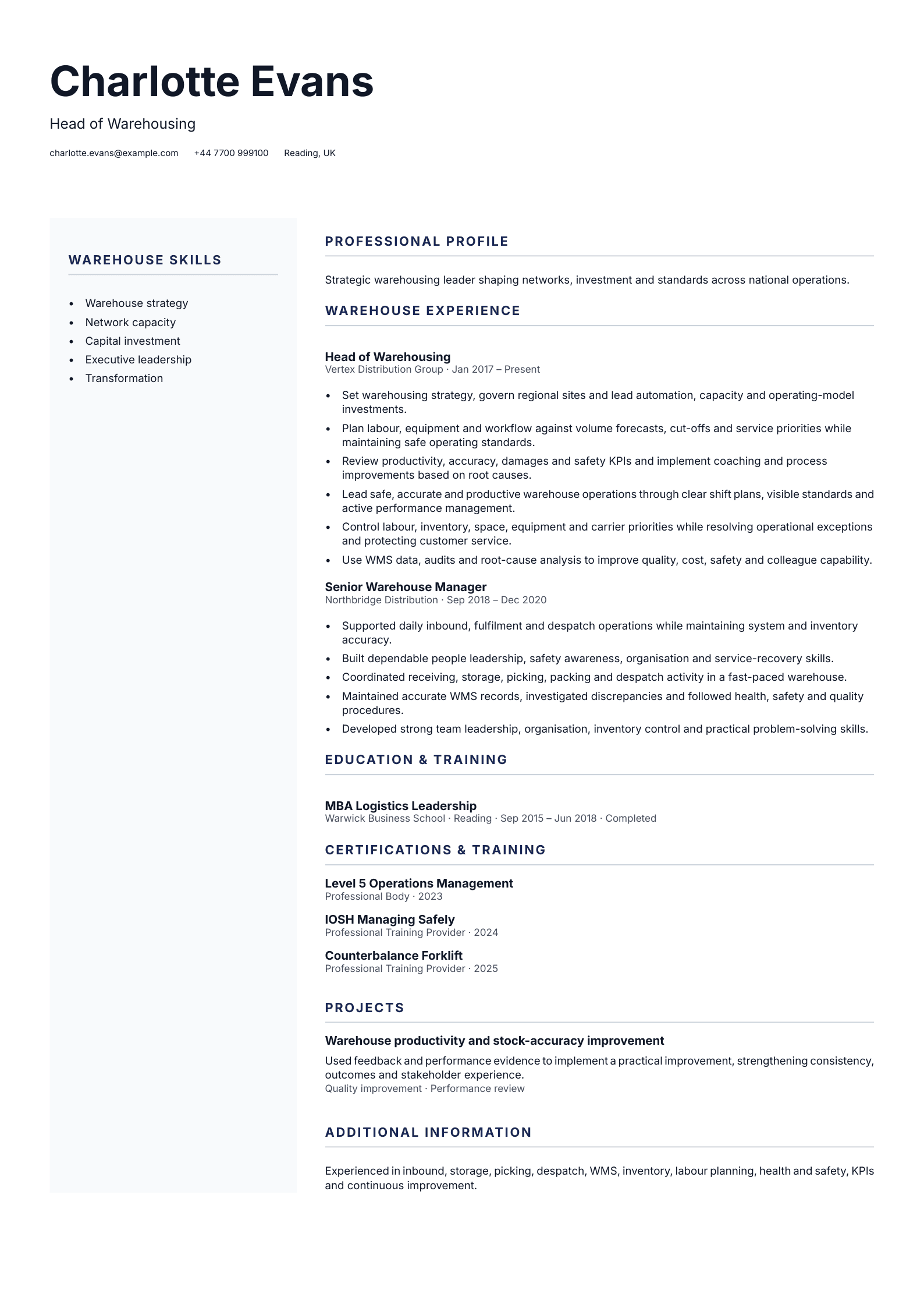 Head of Warehousing CV template