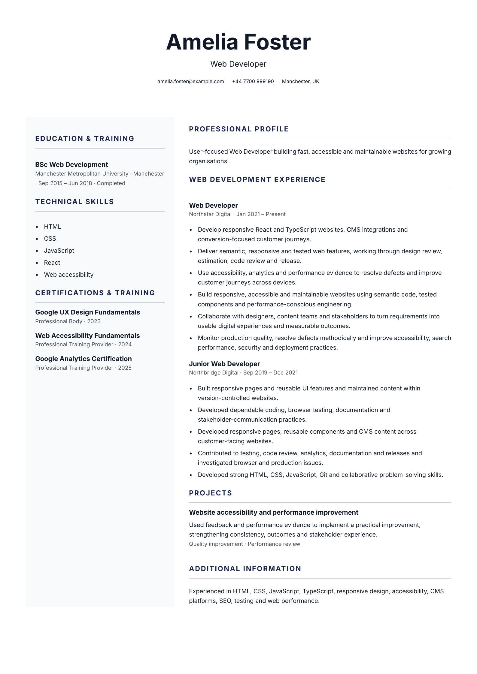 Web developer CV