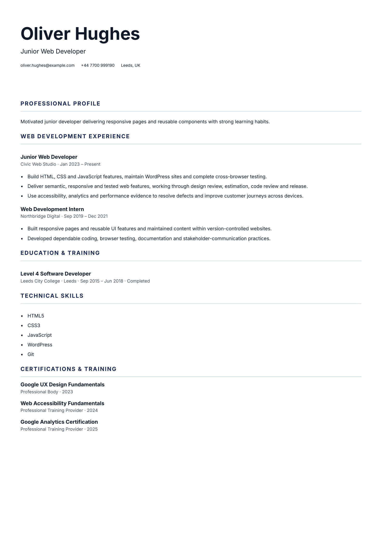 Junior Web Developer CV template