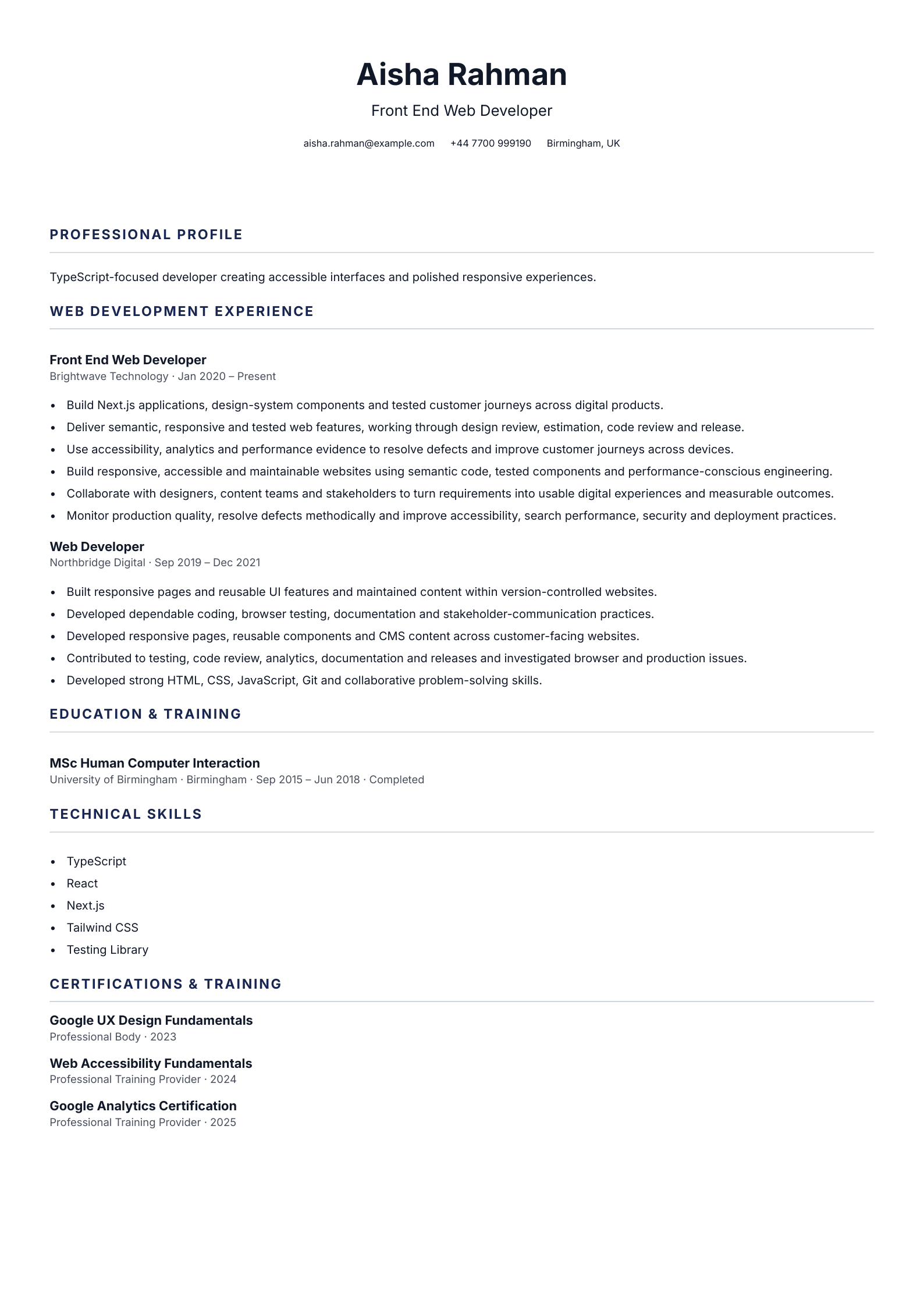 Front End Web Developer CV template