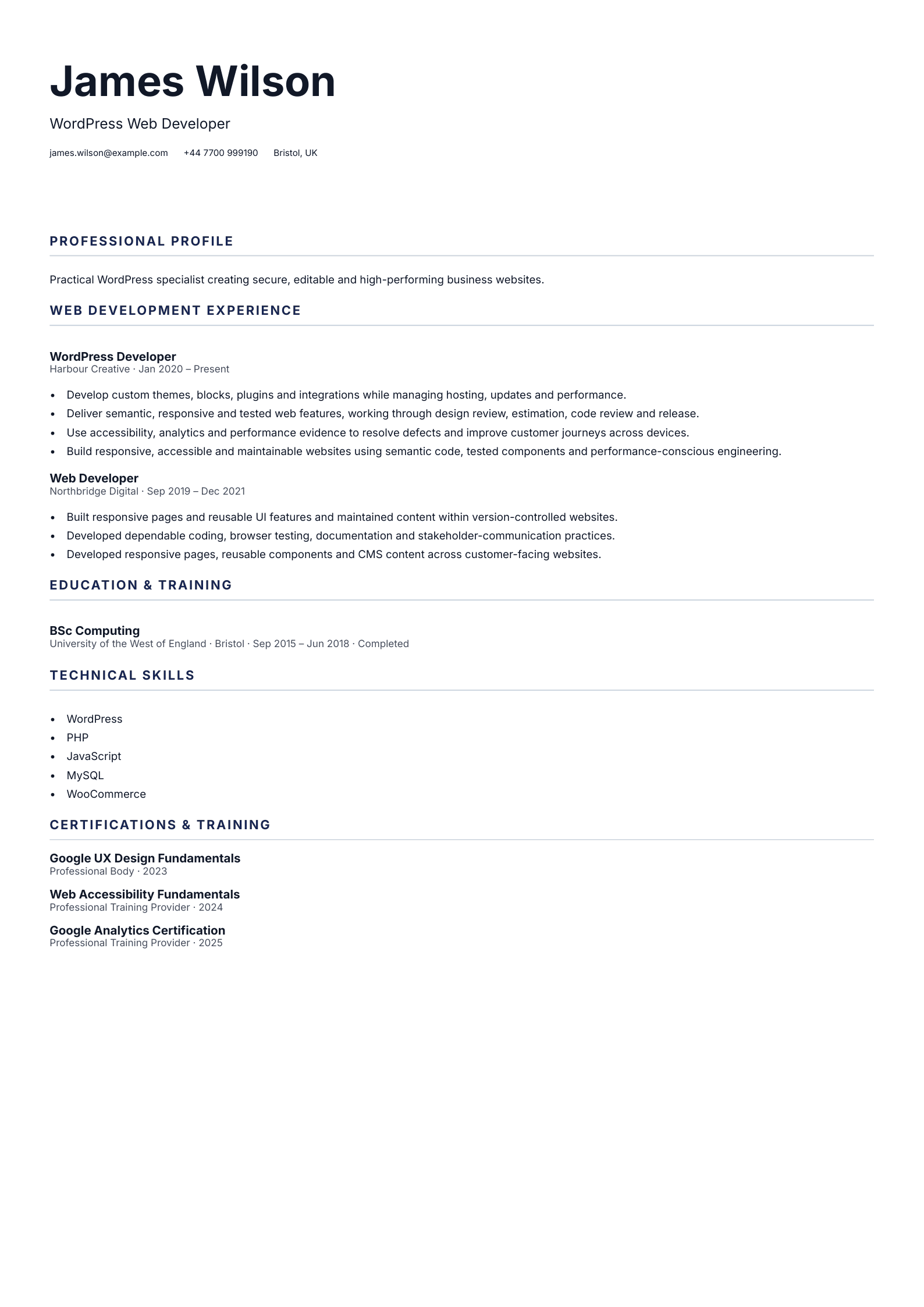 WordPress Web Developer CV template