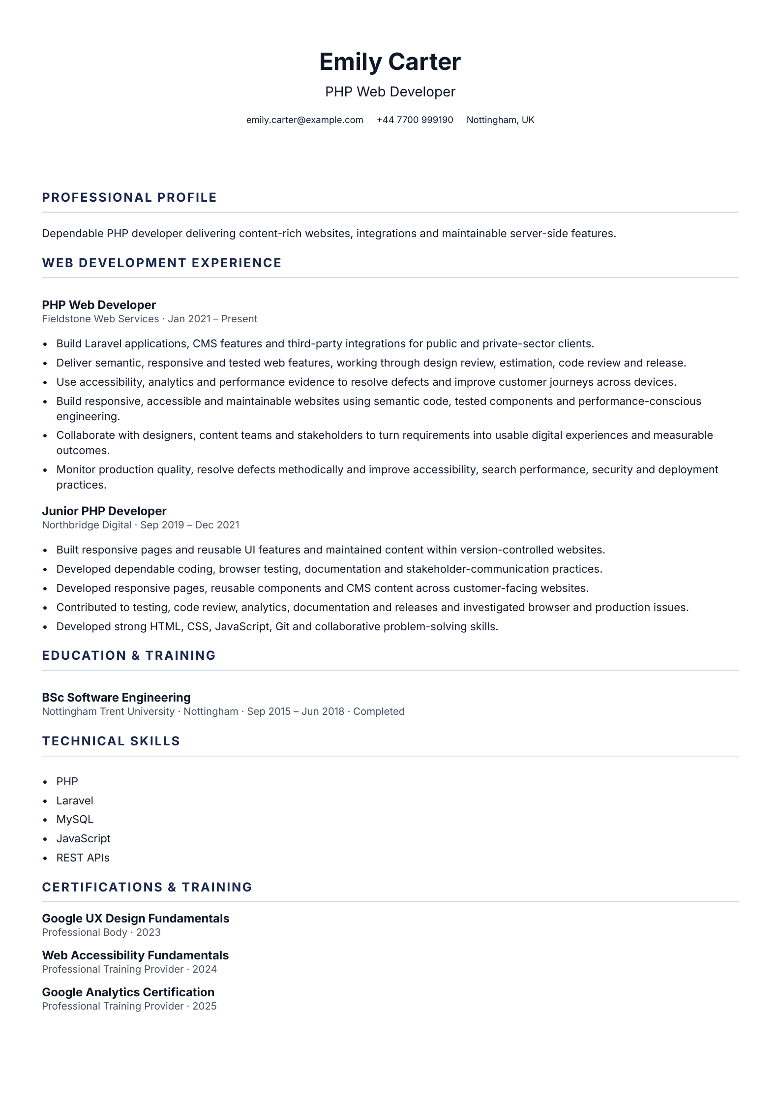 PHP Web Developer CV template