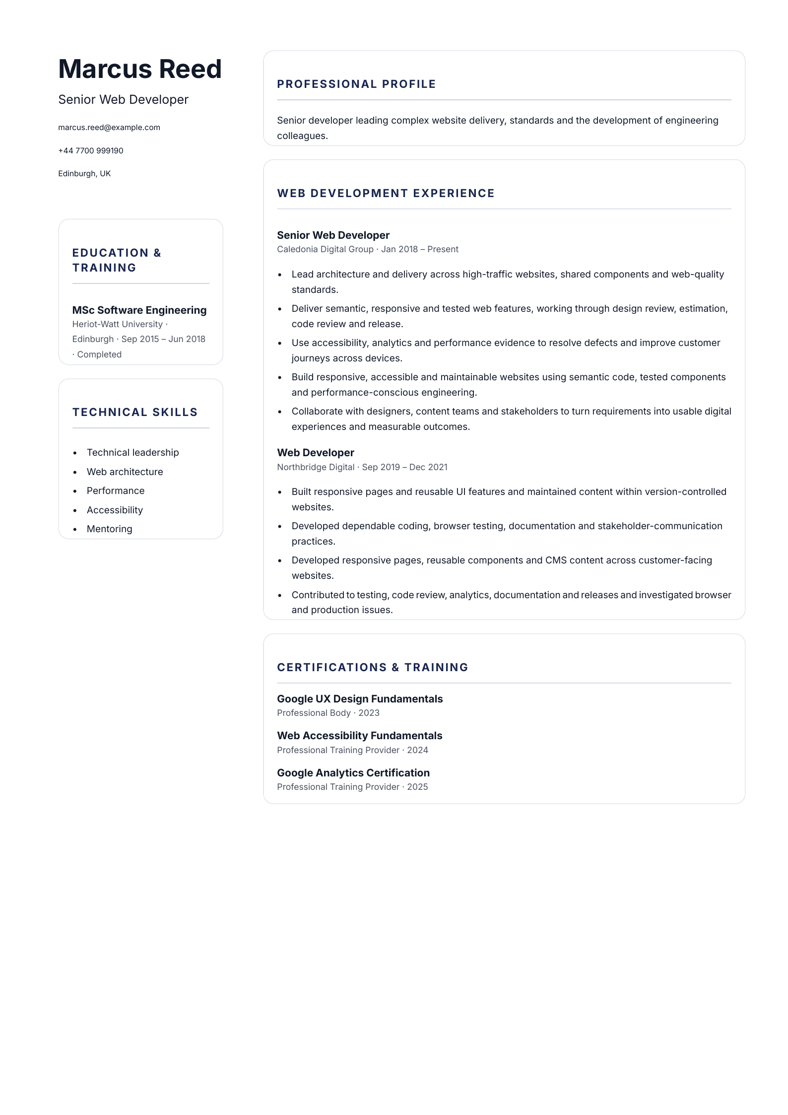 Senior Web Developer CV template