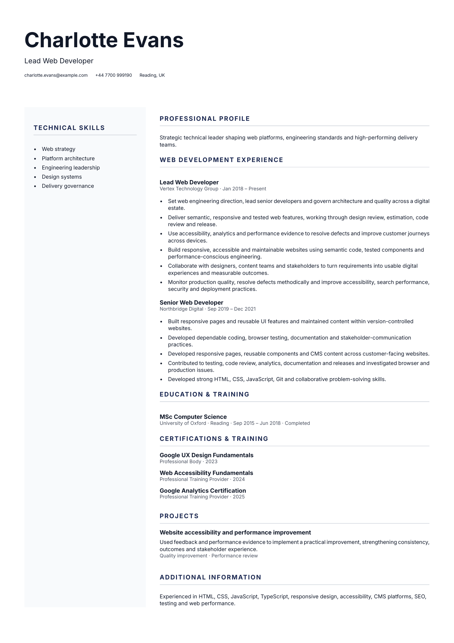 Lead Web Developer CV template