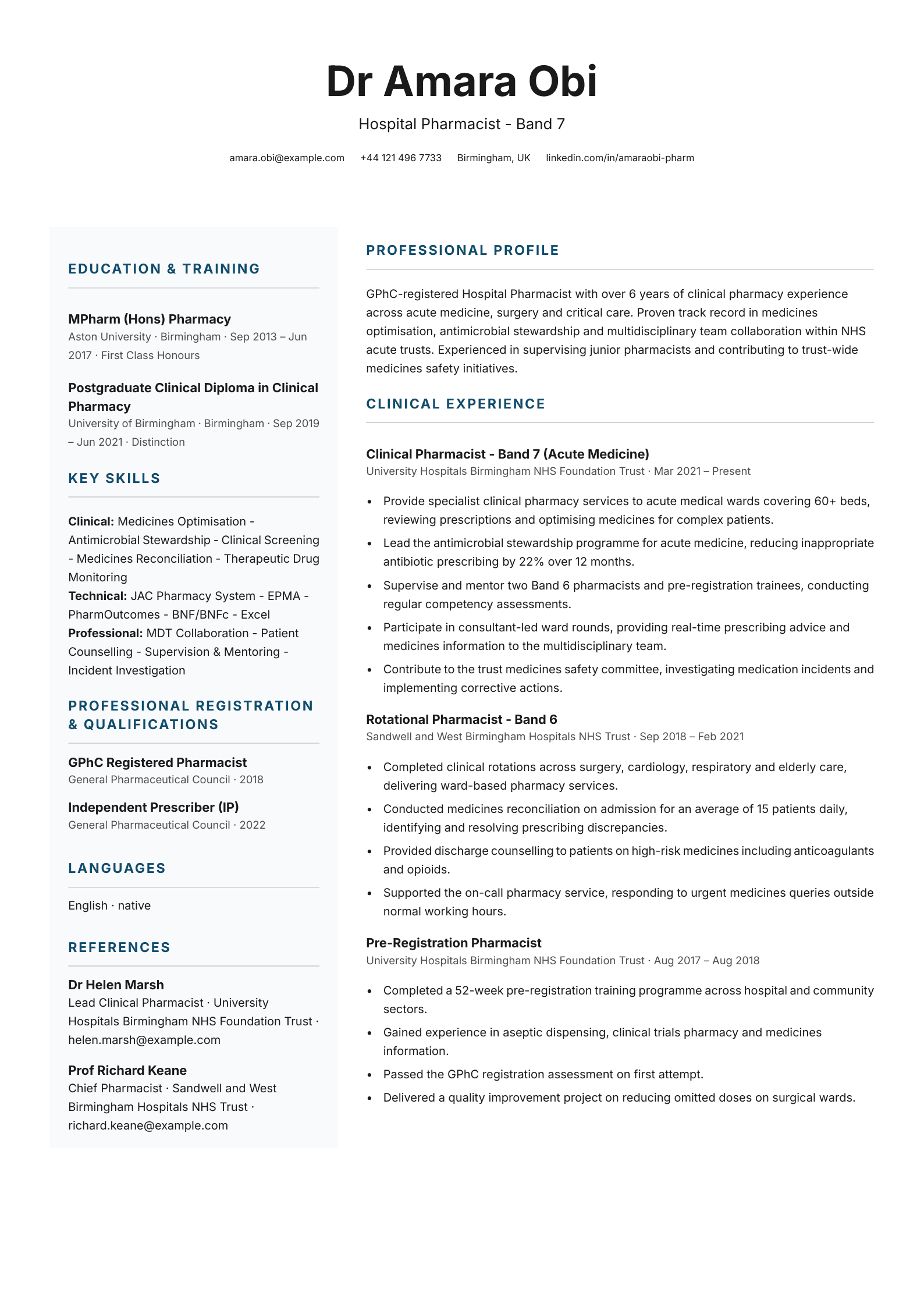 Hospital pharmacist CV template