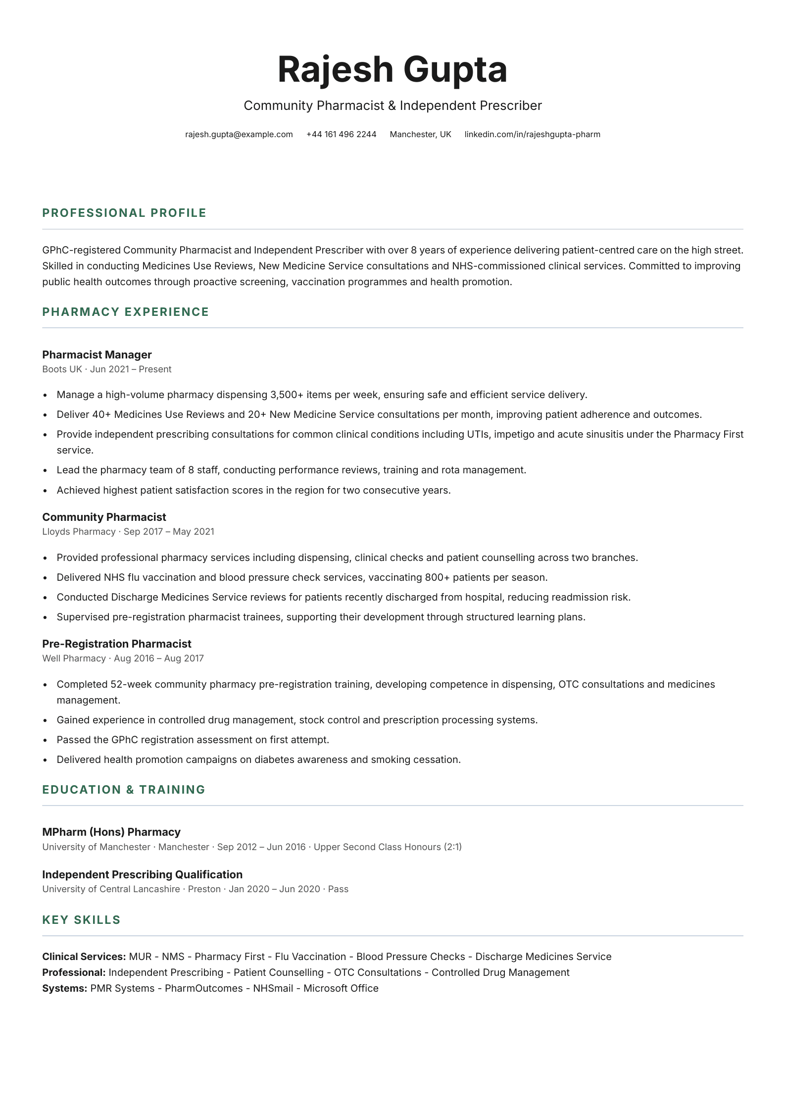 Community pharmacist CV template
