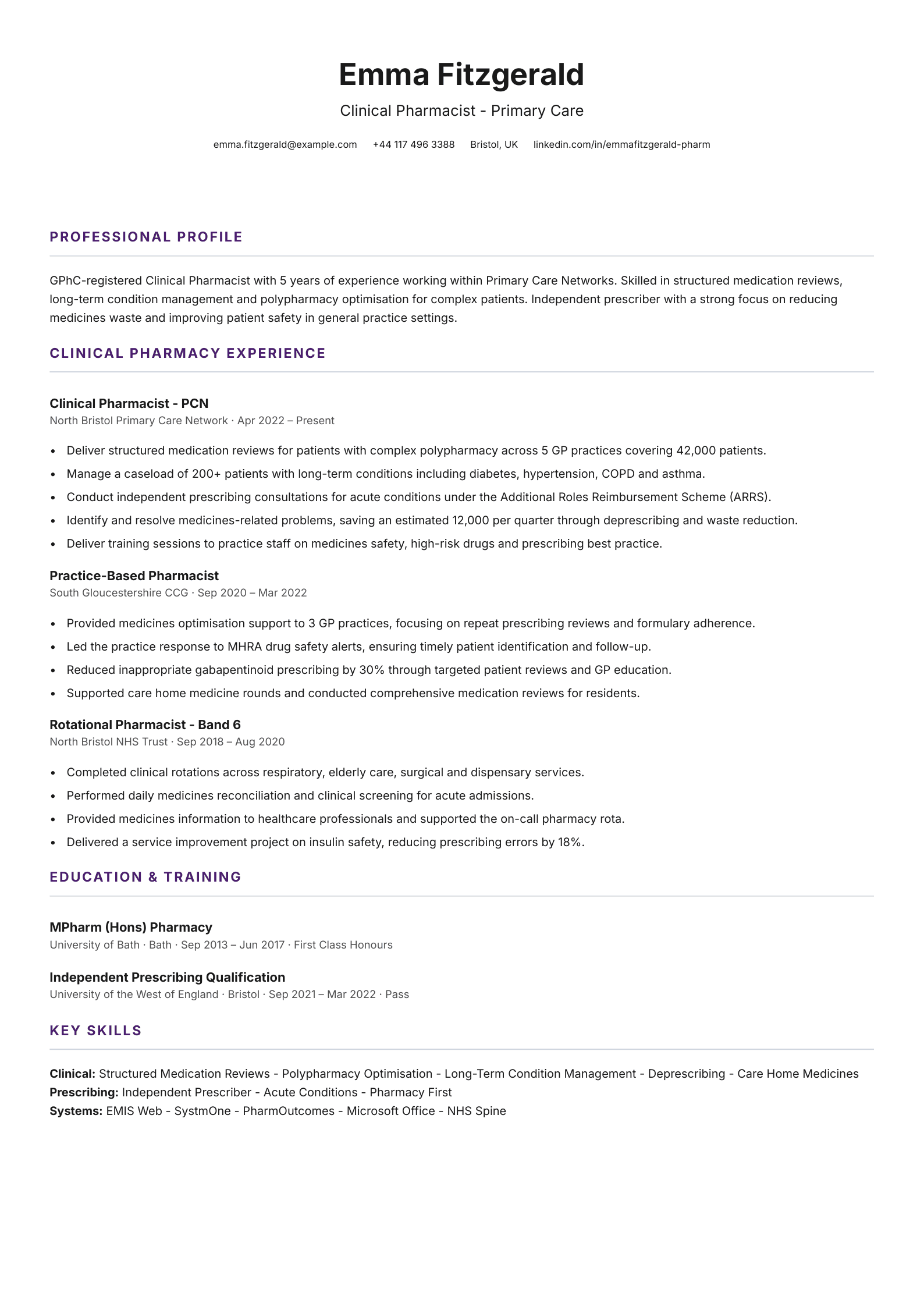 Clinical pharmacist CV template