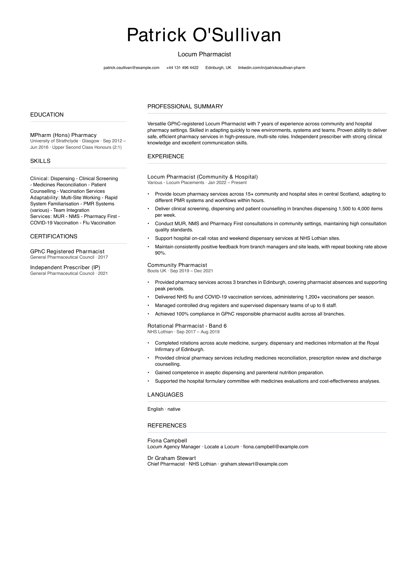 locum pharmacist cv template