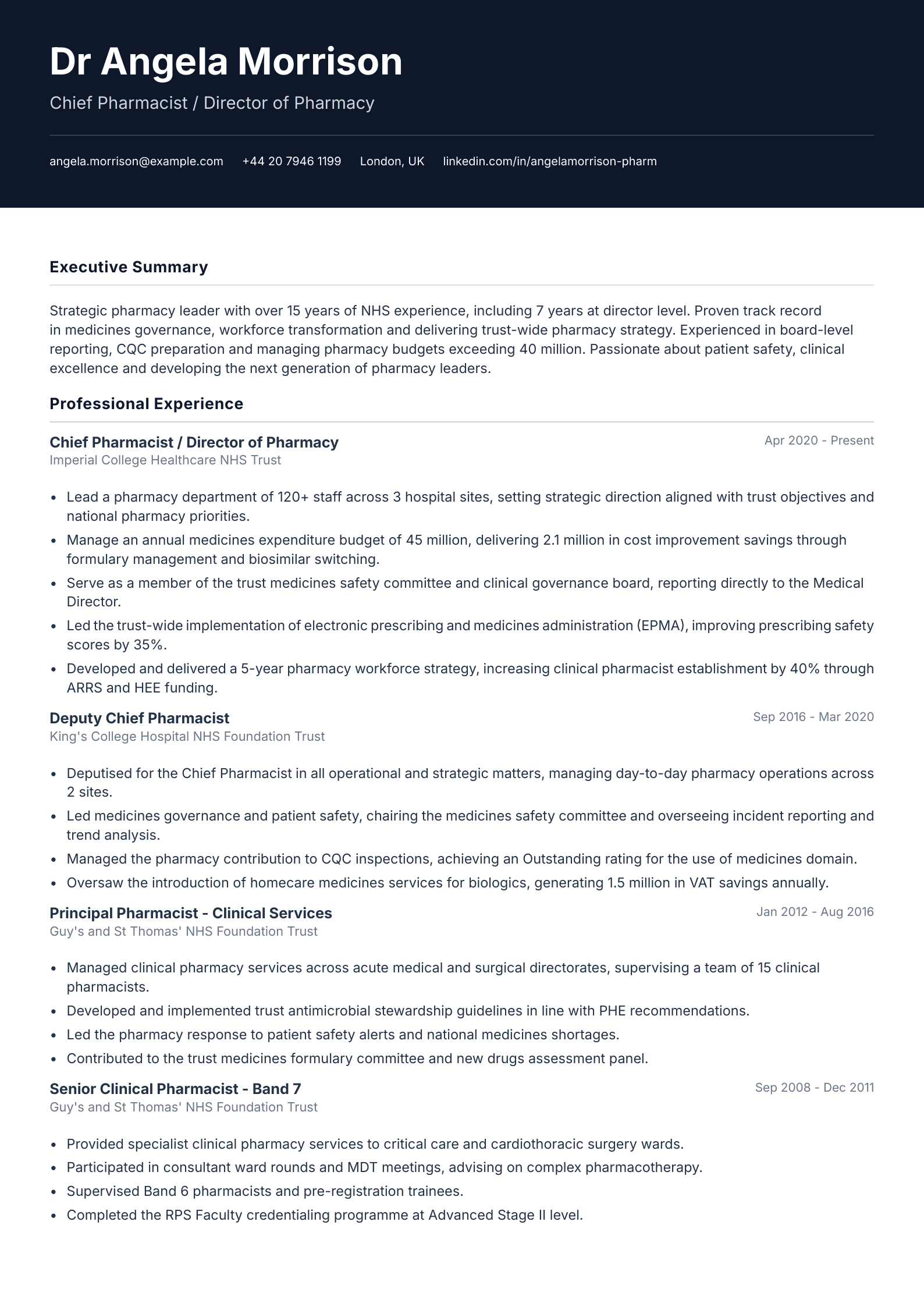 chief pharmacist director cv template