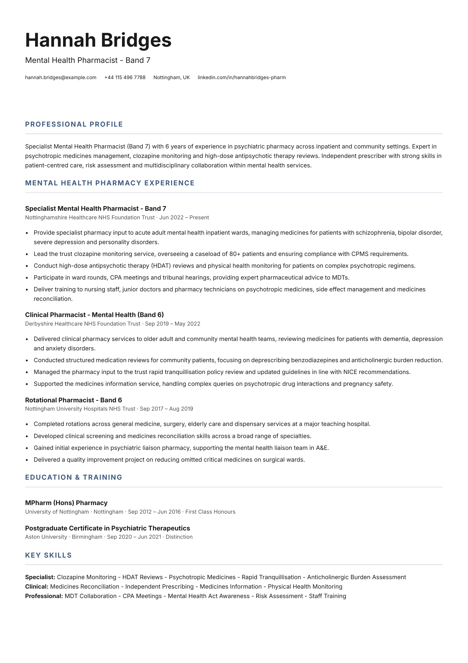 mental health pharmacist cv template