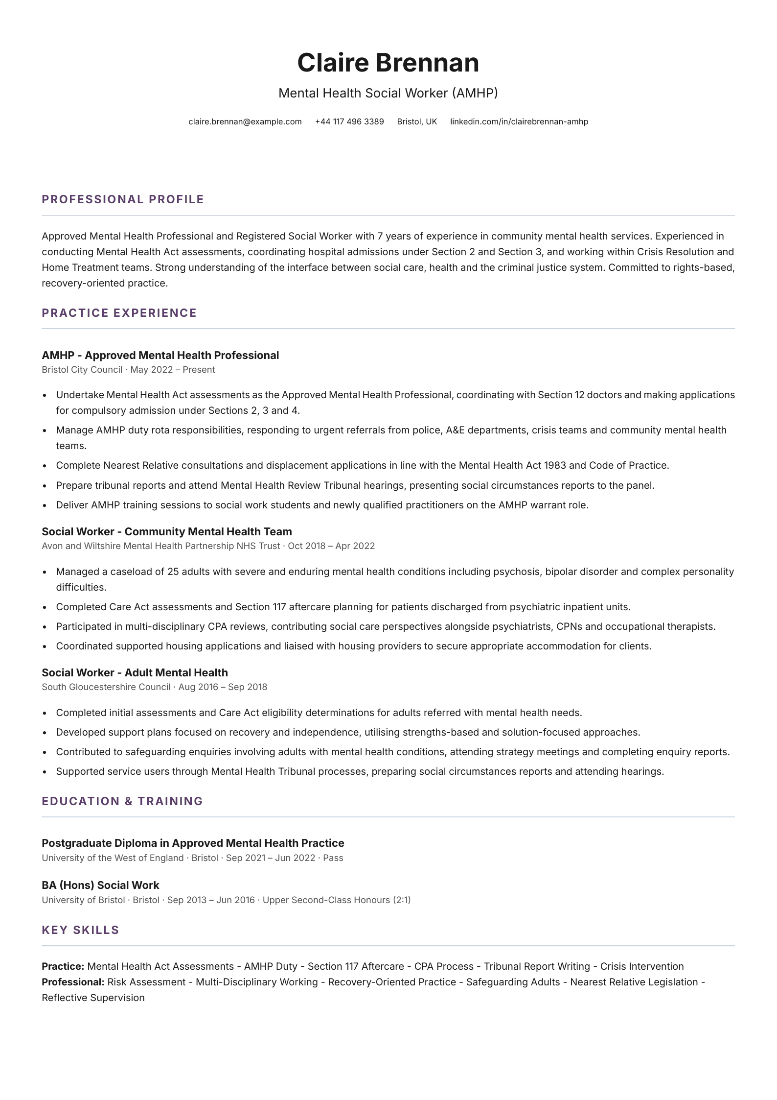 Mental health social worker AMHP CV template