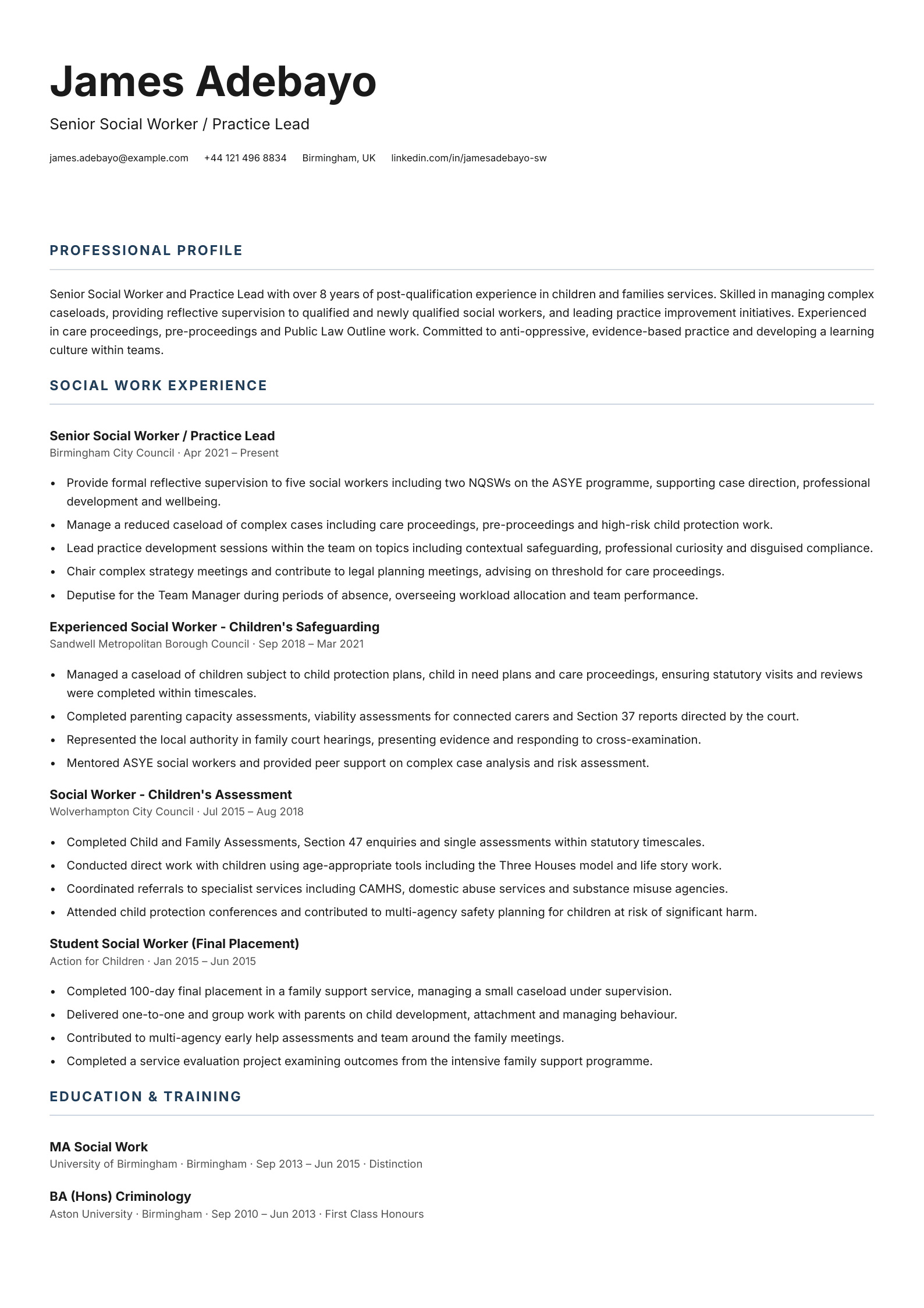 senior social worker practice lead cv template